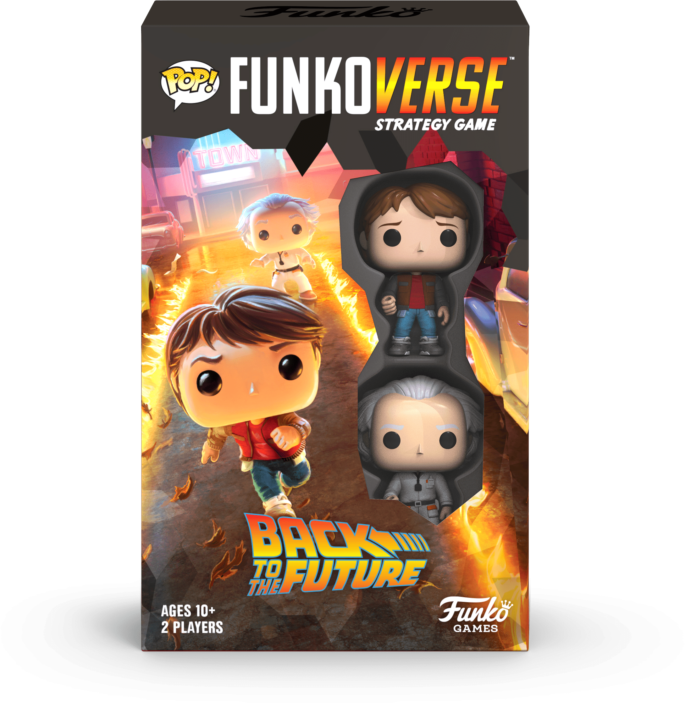 回到未來 桌布 壁紙 — 來自《回到未來》的Funko Pop!人偶站在一個帶有發光霓虹燈牌的遊戲盒上的火熱街道場景中。