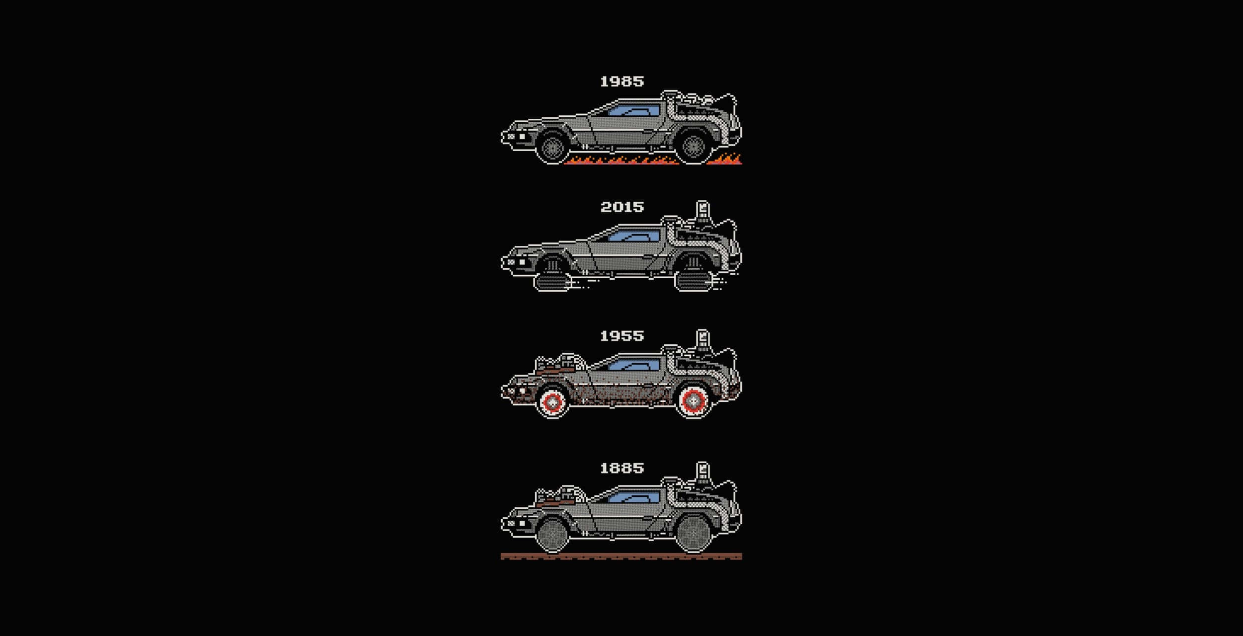 回到未來 桌布 壁紙 — 來自《回到未來》的像素藝術 DeLorean 時光機，在黑色背景上展示四個時期。