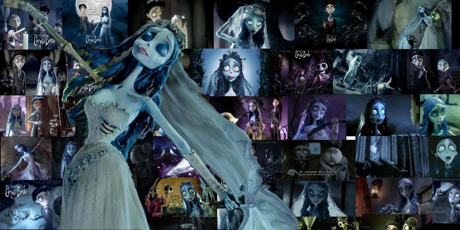 corpse bride 桌布 壁紙 — 來自《地獄新娘》的詭異動畫角色拼貼，展示一位蒼白新娘，藍色頭髮，骷髏手，身穿哥德式婚紗。