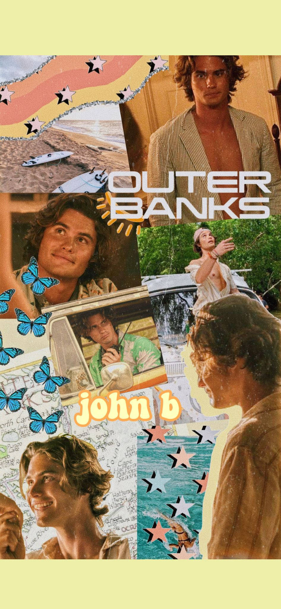Banks 桌布 壁紙 — 來自《外灘探秘》的場景拼貼畫，充滿活力， featuring John B、海灘日落、蝴蝶和復古汽車。