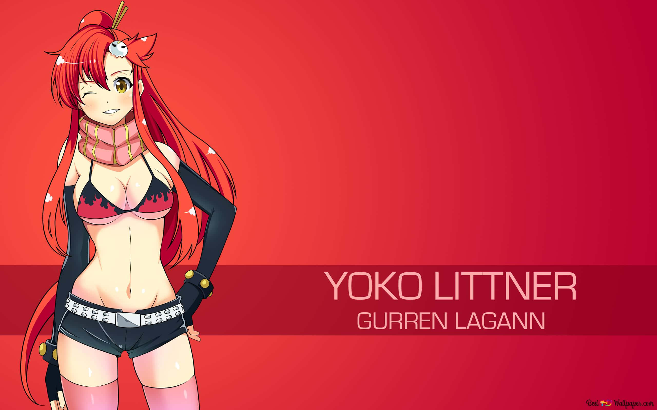 yoko littner 桌布 壁紙 — 來自《天元突破 紅蓮螺巖》的動畫角色庸子·利特納在純紅色漸變背景前自信地擺姿勢。