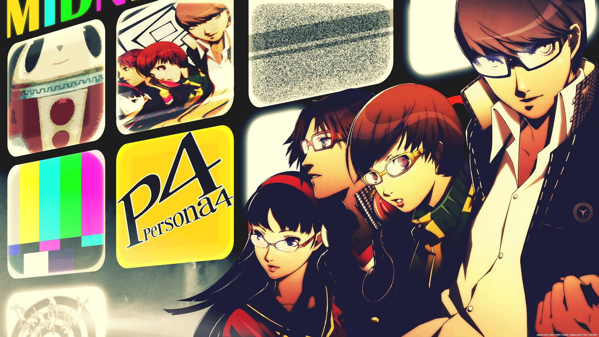 Persona 4 桌布 壁紙 — 來自《女神異聞錄4》的動漫角色站在復古電視螢幕和媒體圖標的拼貼畫前。