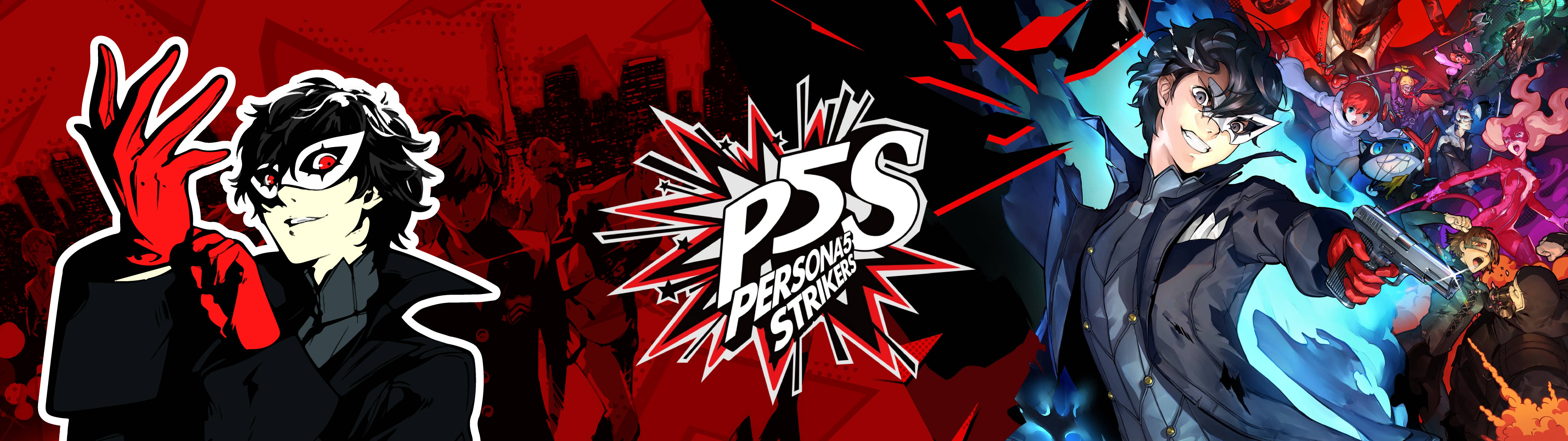 5120x1440 gaming 桌布 壁紙 — 來自《女神異聞錄5 亂戰：魅影攻手》的動態動漫角色在紅色和黑色的都市背景下以發光效果英勇地擺出姿勢。