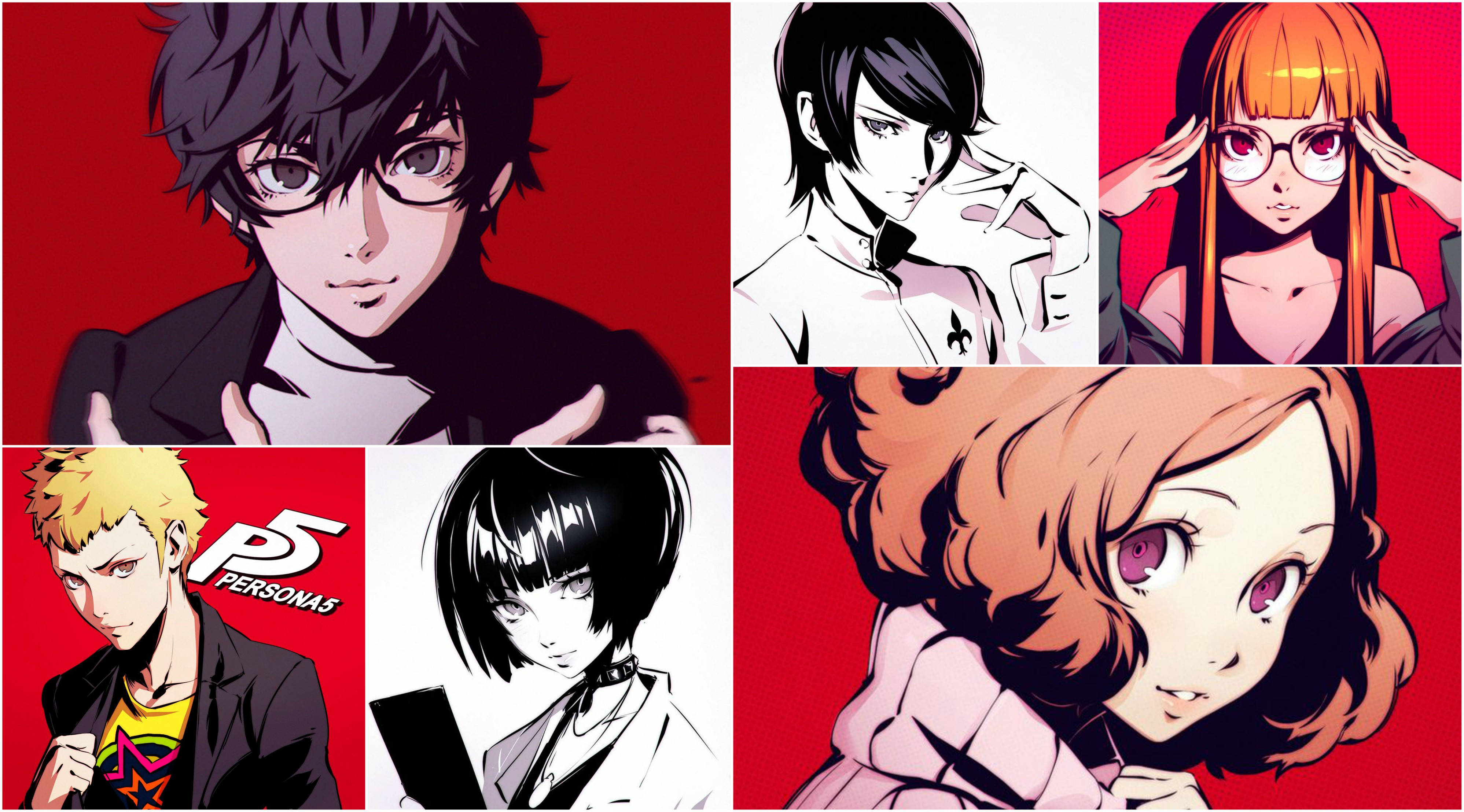 ren amamiya 桌布 壁紙 — 來自《女神異聞錄5》的六個動漫角色，在鮮明的紅色背景上擺出姿勢，帶有強烈的黑白對比。