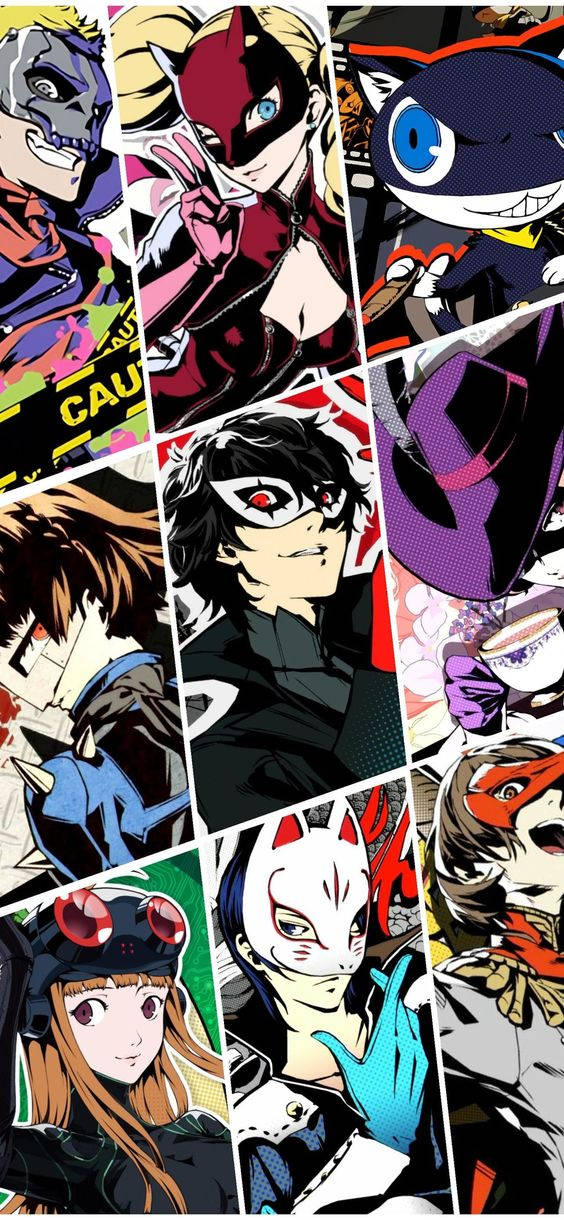 yusuke 桌布 壁紙 — 來自《女神異聞錄5》的動漫角色的鮮明拼貼畫，以動感漫畫風格面板呈現，色彩大膽、線條銳利。