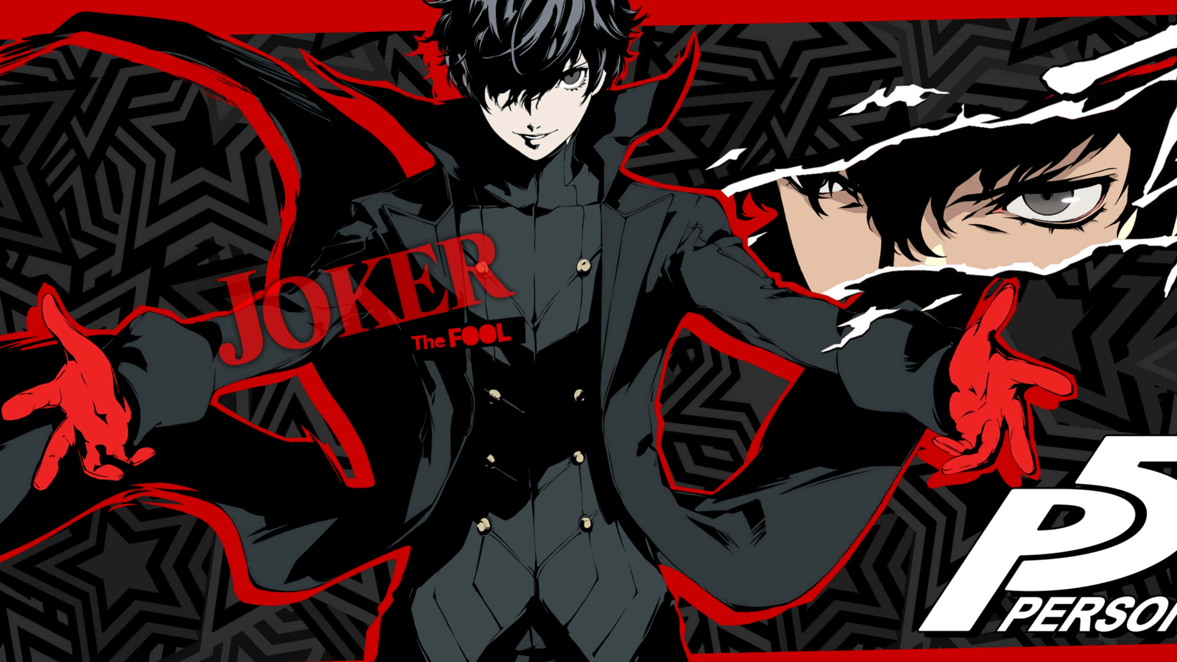 人格面具 桌布 壁紙 — 來自《女神異聞錄5》的動畫角色Joker以動態姿勢站立，雙手發出紅光，背景為黑色幾何圖案。