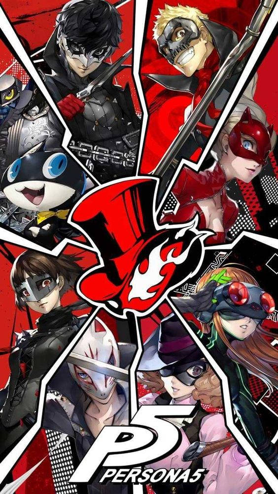 Persona 5 Phone 桌布 壁紙 — 來自《女神異聞錄5》的鮮豔動漫角色從破碎的紅黑背景中迸發而出，環繞著中央的高頂帽標誌。