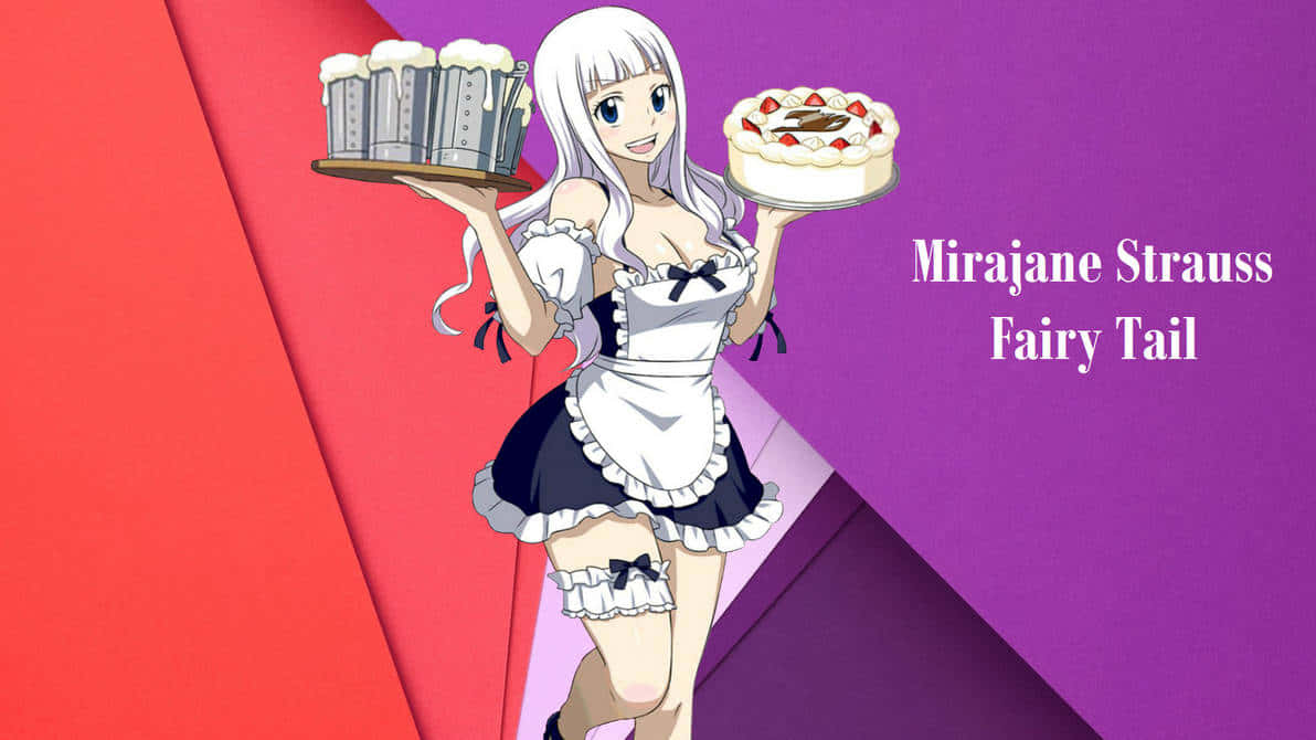 Mirajane Strauss 桌布 壁紙 — 來自《妖精的尾巴》的女僕動畫角色米拉珍·史特勞斯在鮮明的紅紫幾何背景前提供蛋糕和啤酒。