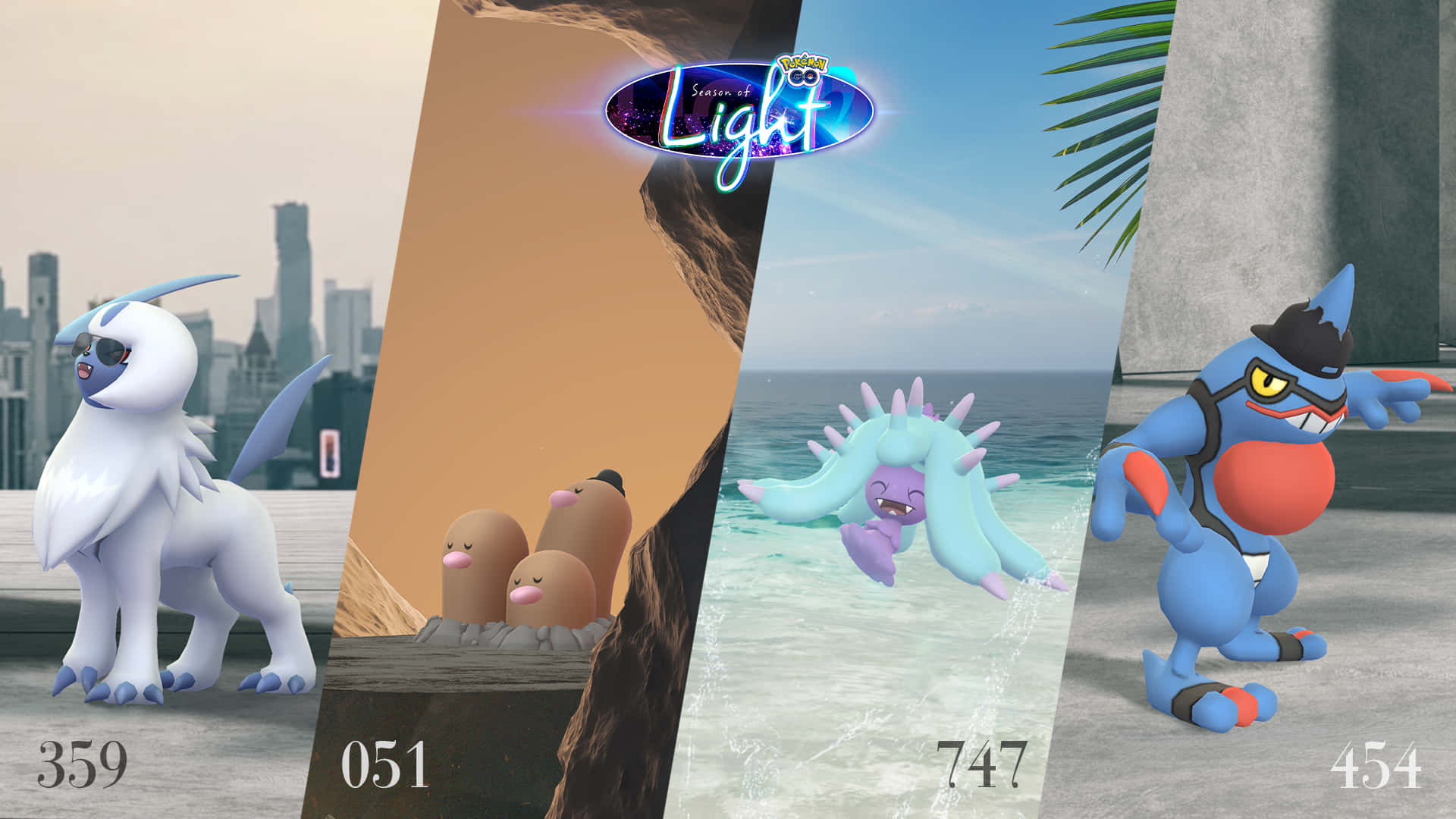 3D 桌布 壁紙 — 來自《寶可夢 劍／盾》「Season of Light」活動的四隻寶可夢，以鮮豔的分割畫面場景展示於城市海灘和沙漠背景中。