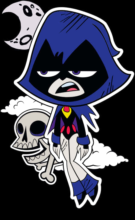Teen Titans Go Raven 桌布 壁紙 — 來自《少年悍將》的Q版瑞雯與骷髏同伴在彎月背景下以大膽卡通風格飛翔。