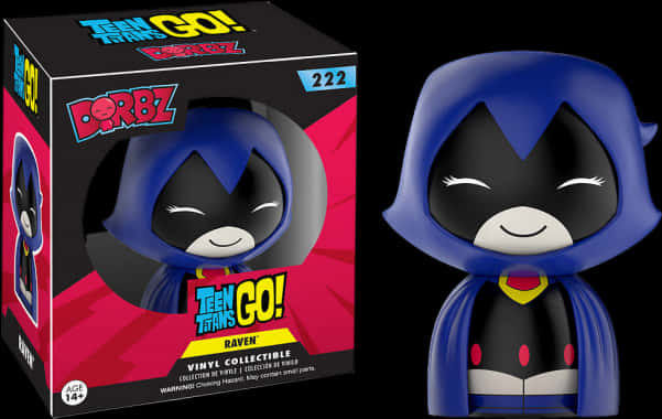 Teen Titans Go Raven 桌布 壁紙 — 來自《少年悍將GO！》的藍色連帽Raven乙烯基人偶，站在其色彩繽紛的收藏盒旁，背景為黑色。