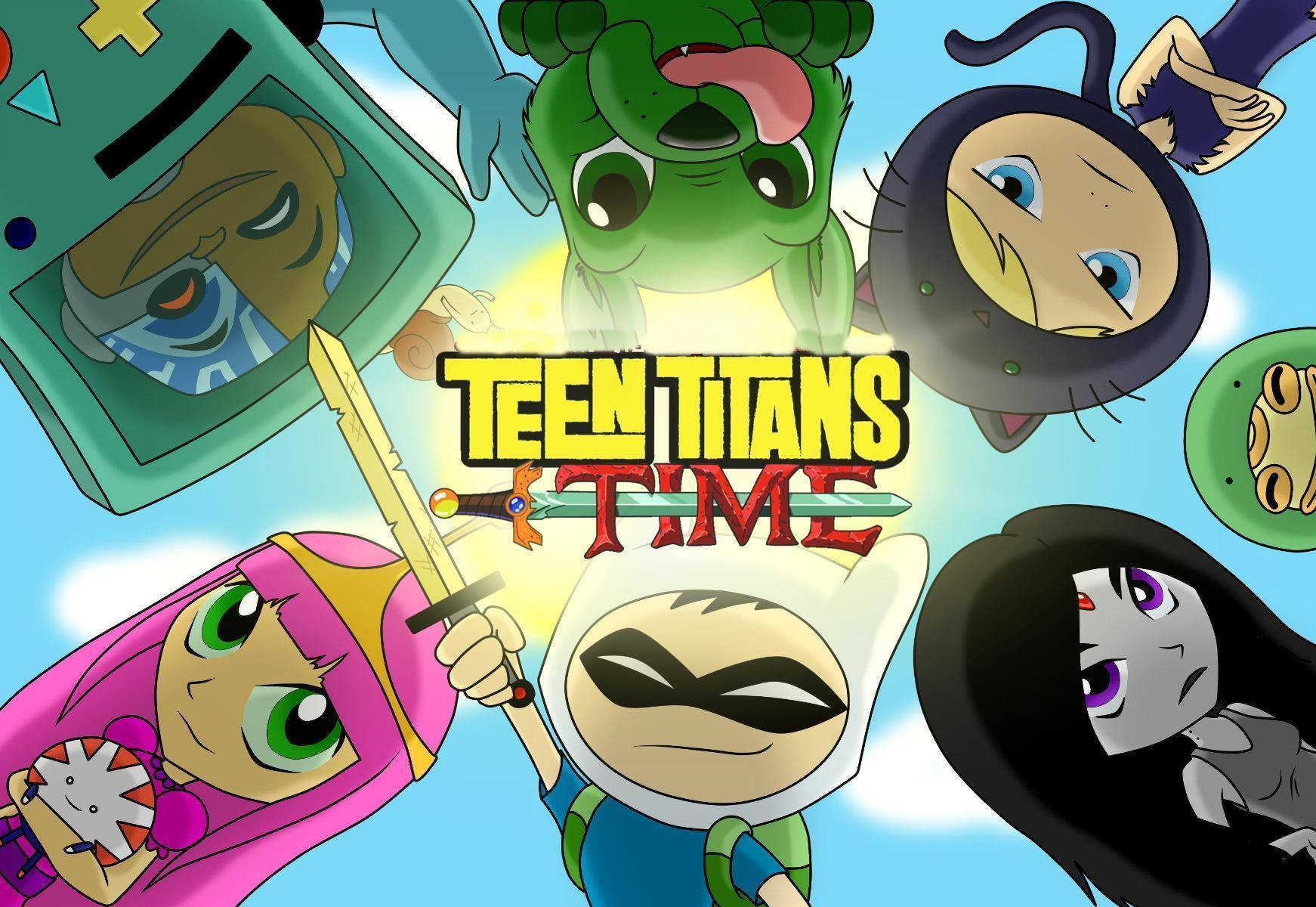 teen titans go 桌布 壁紙 — 來自《少年泰坦時間》的卡通角色在明亮的藍天和蓬鬆雲朵背景下，圍繞著發光的標題漂浮。