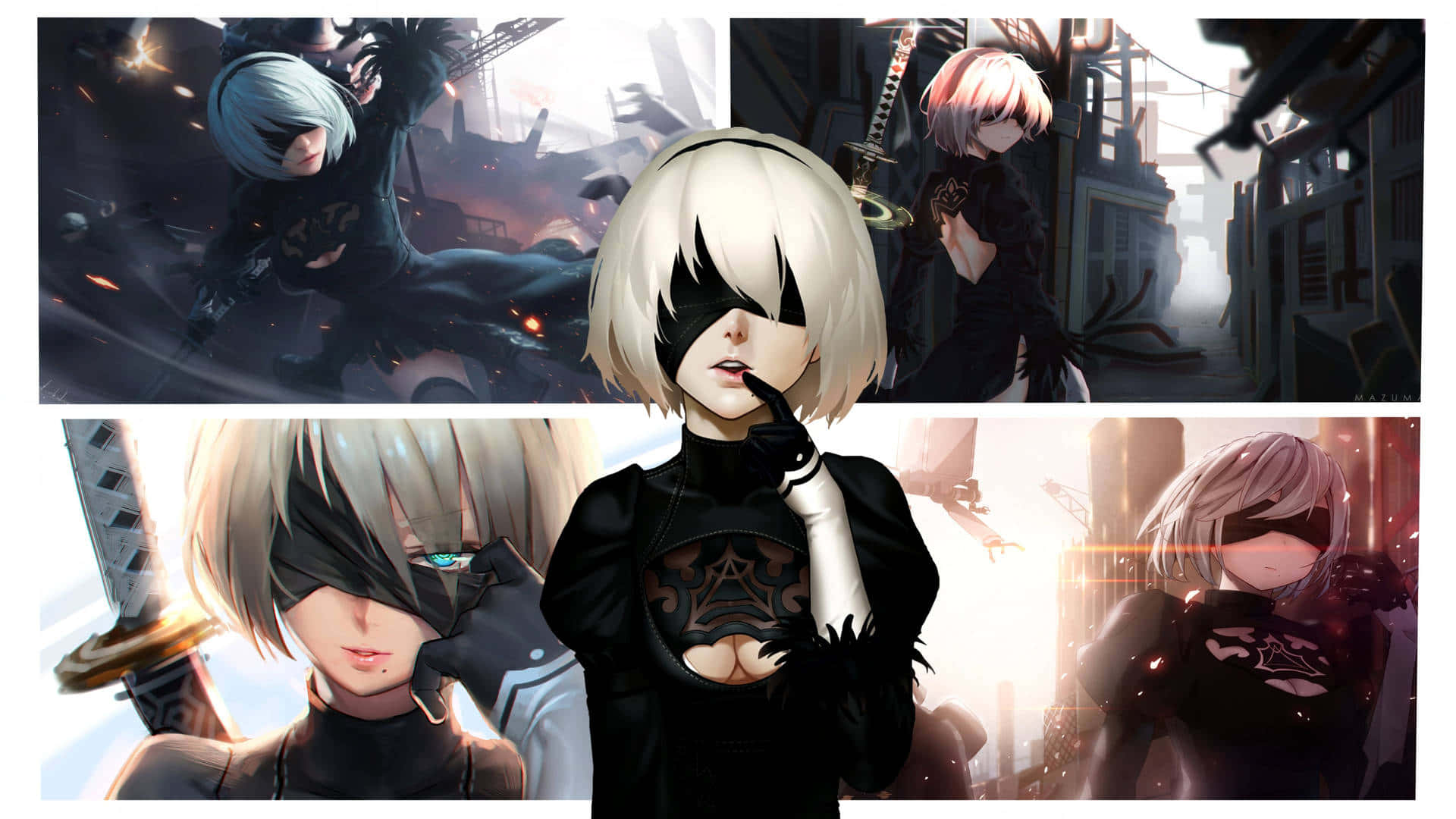 2B 桌布 壁紙 — 來自《尼爾：自動人形》的動漫角色2B的拼貼畫，展現各種動態姿勢，配以未來武器和賽博龐克城市景觀。