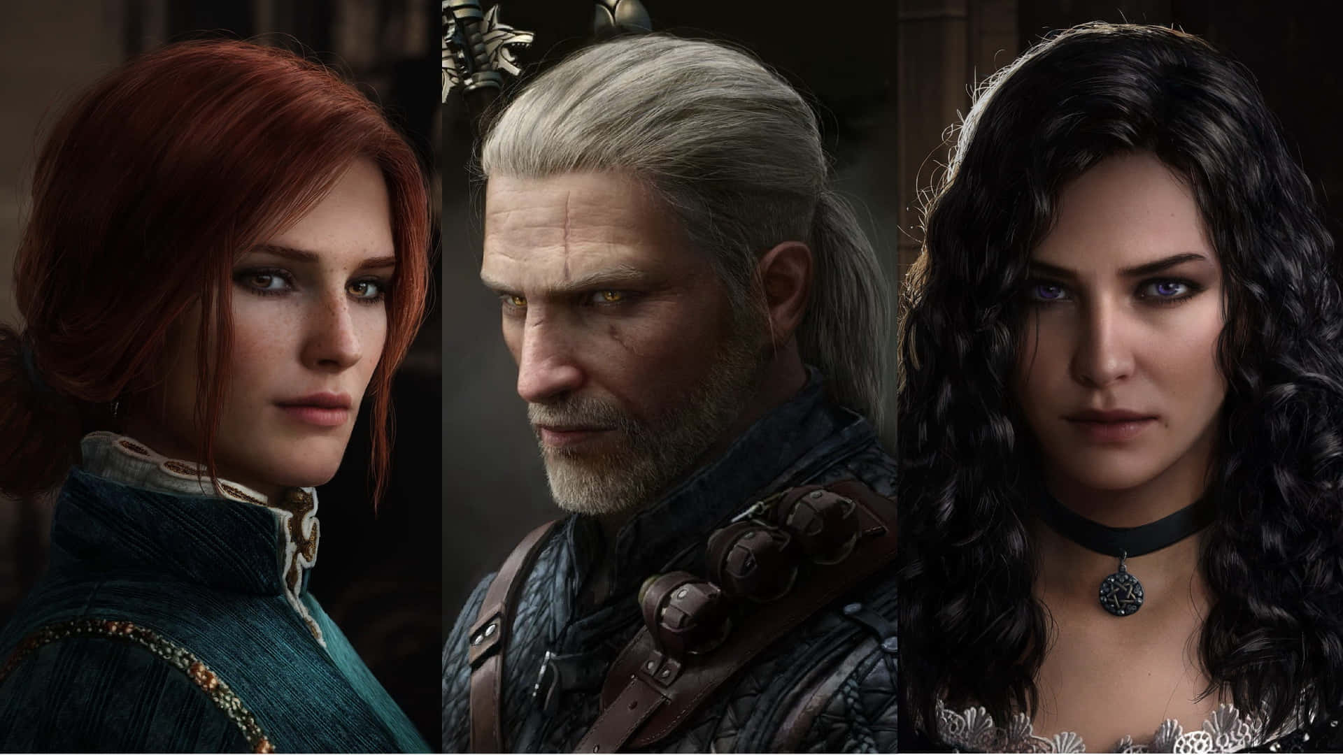 The Witcher 3 Wild Hunt 桌布 壁紙 — 來自《巫師》遊戲系列的三個強烈角色肖像，具有詳細的奇幻服裝和戲劇性燈光。