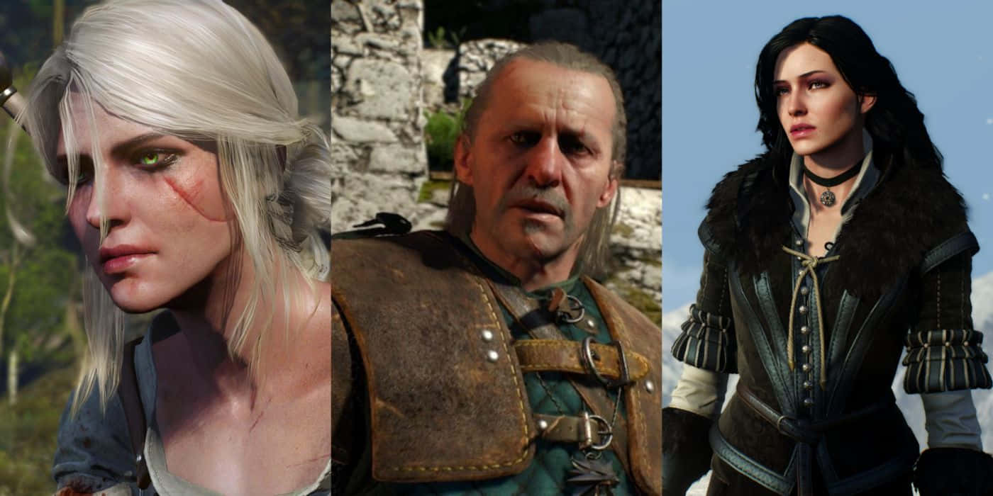 The Witcher Characters 桌布 壁紙 — 來自《巫師》電玩遊戲系列的三個角色，以細緻的特寫鏡頭呈現，具有逼真的紋理和風化的盔甲。