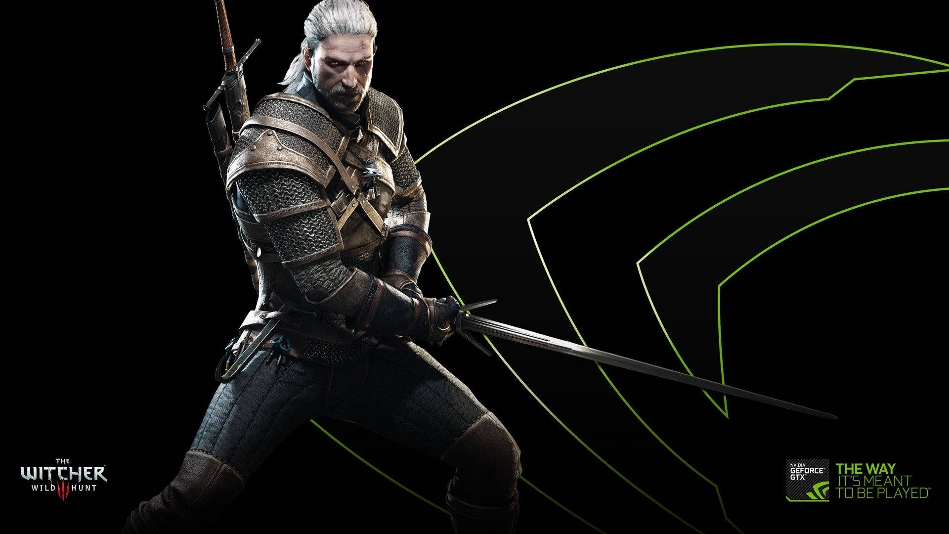 Witcher 桌布 壁紙 — 來自《巫師3》的利維亞的傑洛特以戰鬥姿勢站立，手持劍，背景為黑色，帶有發光的綠色線條。