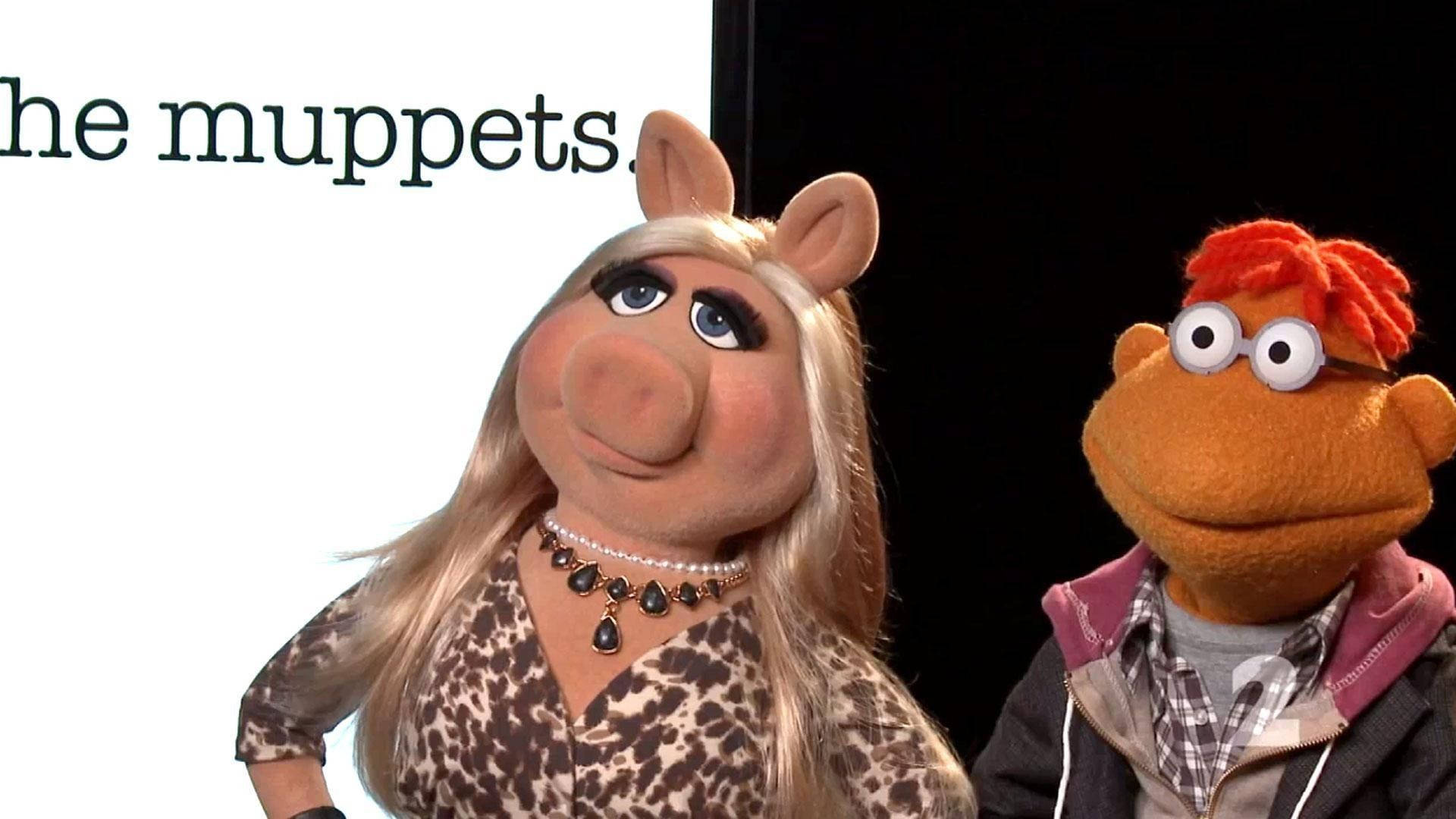 Miss Piggy 桌布 壁紙 — 來自《布偶家族》的豬小姐和福滋熊一起擺姿勢，背景顯示節目名稱。