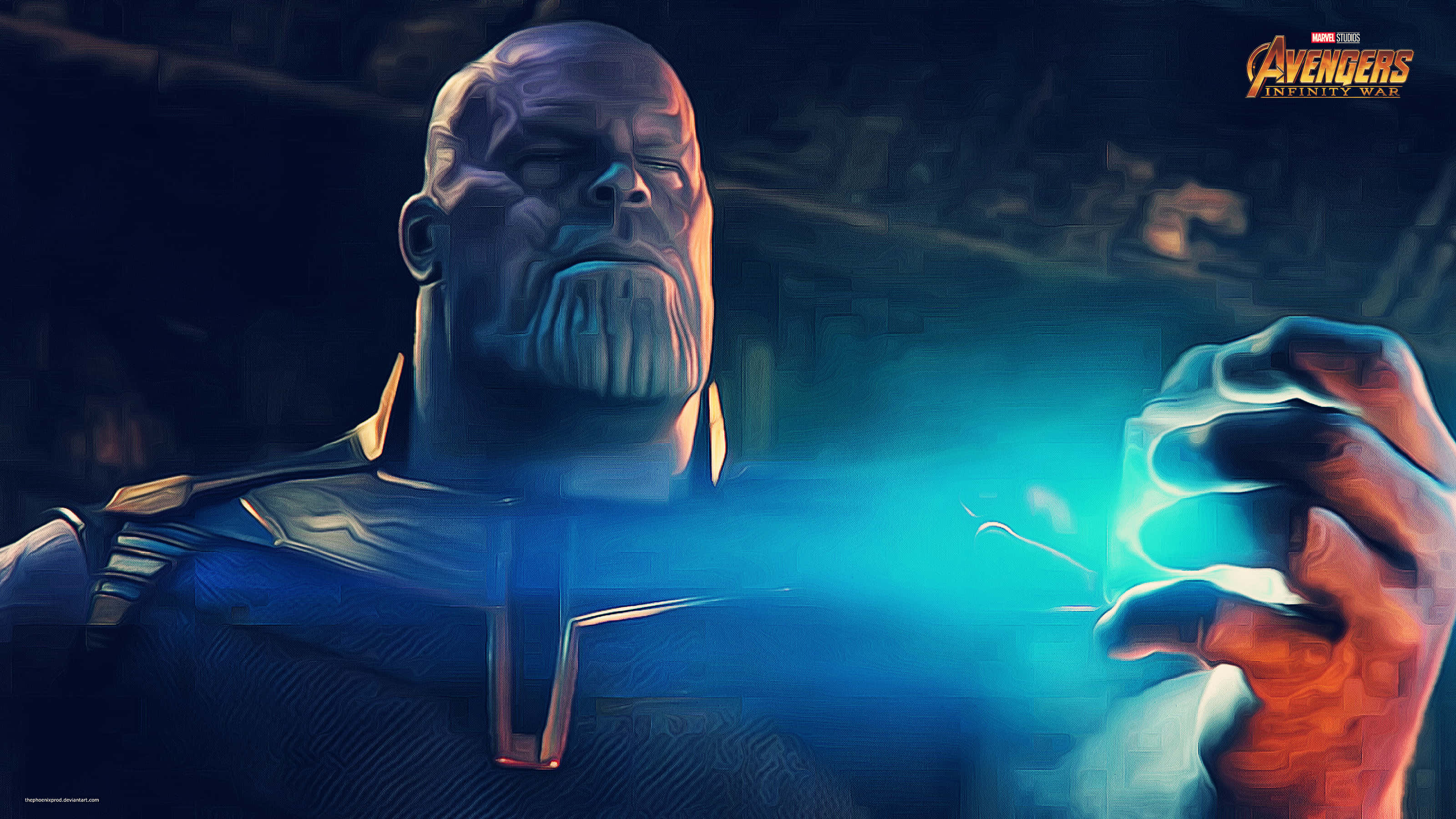 infinity war 桌布 壁紙 — 來自《復仇者聯盟3：無限之戰》的薩諾斯在黑暗的未來場景中，面帶嚴肅表情，手持一顆發光的藍色無限寶石。