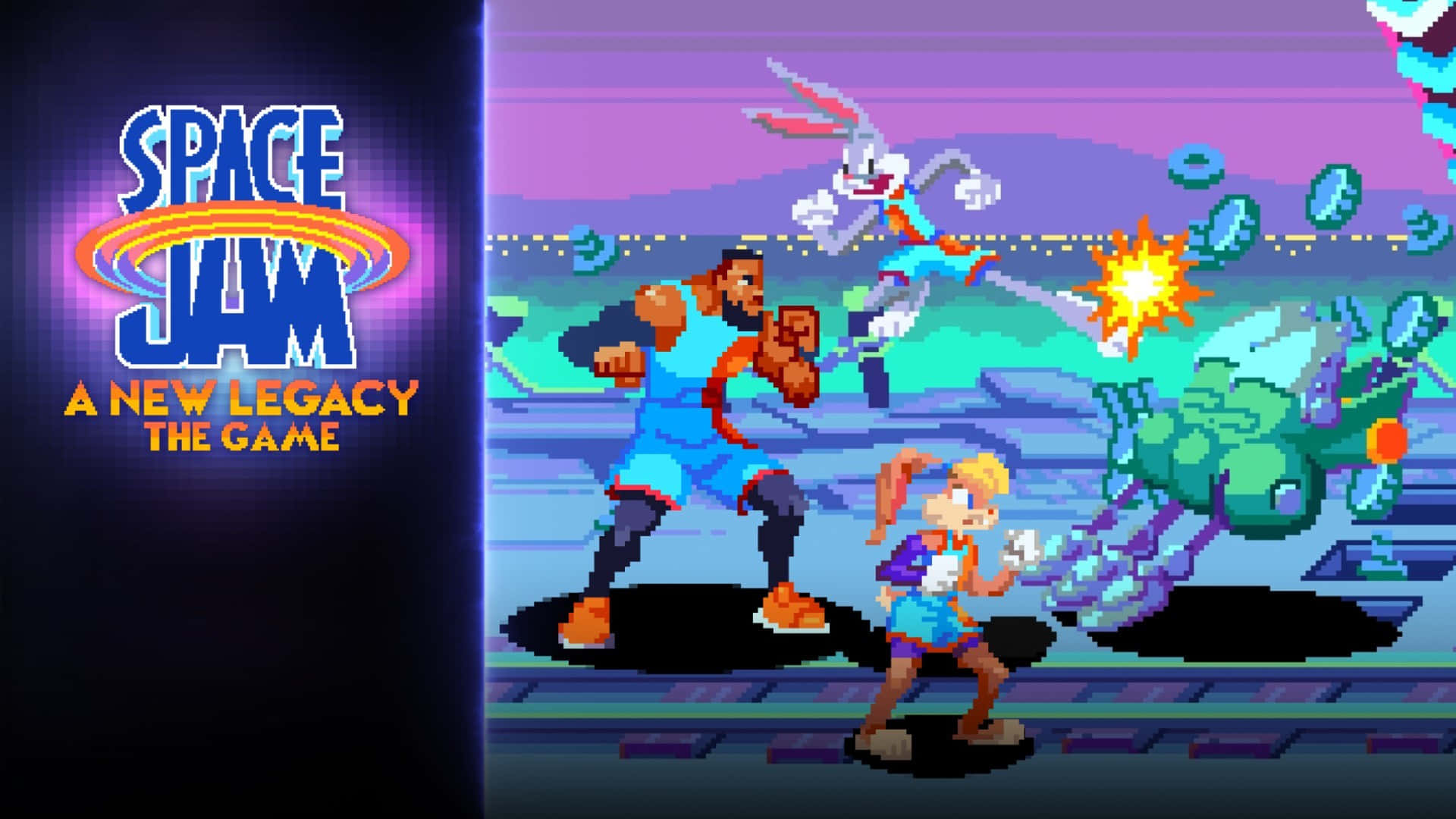 Space Jam A New Legacy 桌布 壁紙 — 來自《怪物奇兵：全新世代 遊戲》的像素藝術角色在充滿活力的復古電玩場景中戰鬥。