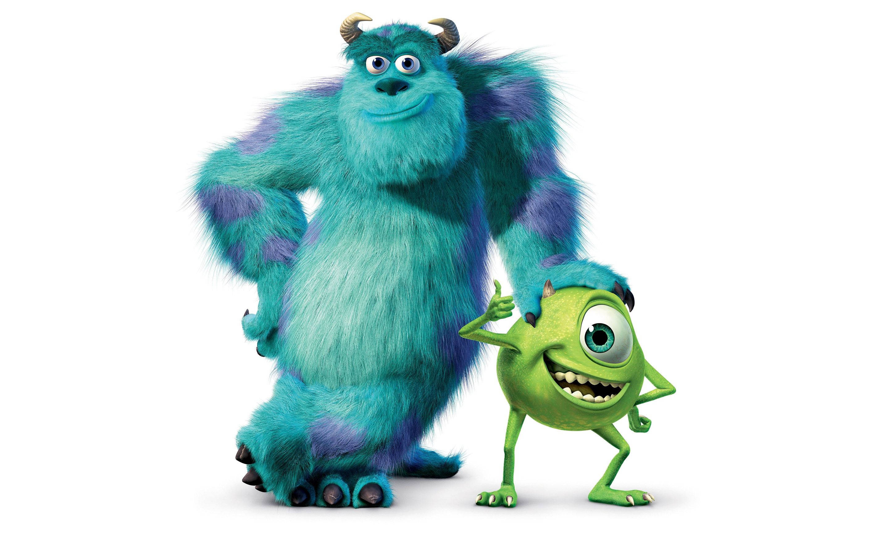 sulley 桌布 壁紙 — 來自《怪獸電力公司》的毛怪蘇利文和大眼仔麥克一起站在純白色背景前微笑。