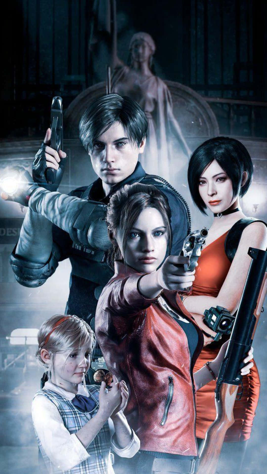 Resident Evil Characters 桌布 壁紙 — 來自《惡靈古堡》的四個角色在黑暗、迷霧、哥德式場景中手持武器準備就緒。
