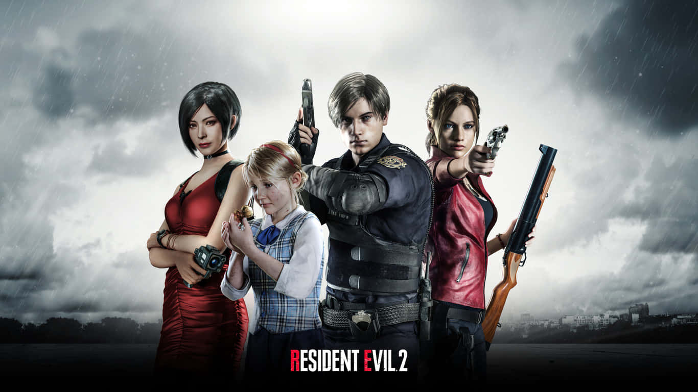 1366x768 Resident Evil 2 桌布 壁紙 — 來自《惡靈古堡2》的四個武裝角色在暴風雨灰色天空下雨中挑釁地站立。