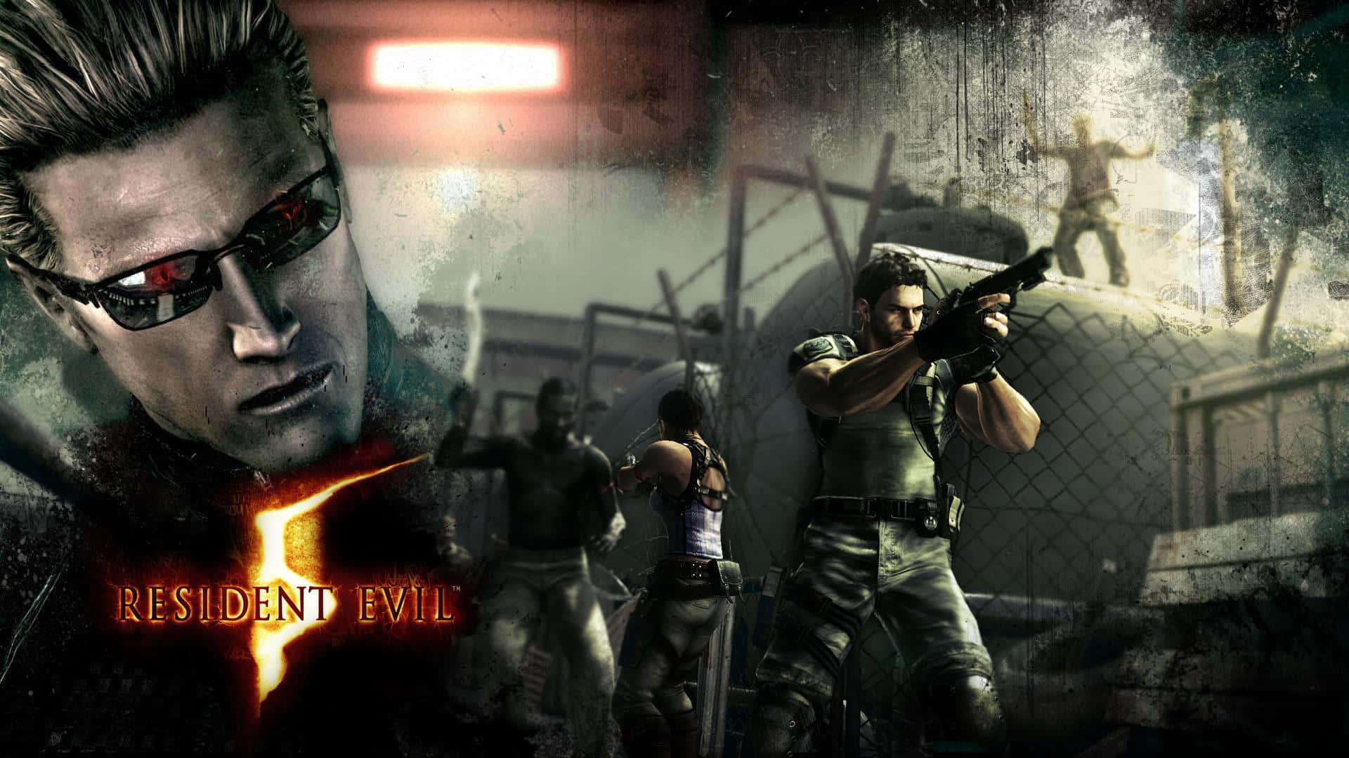 Resident Evil Revelations 2 桌布 壁紙 — 來自《惡靈古堡5》的粗獷數位藝術場景，展示在昏暗燈光下，廢棄工業環境中的武裝角色。