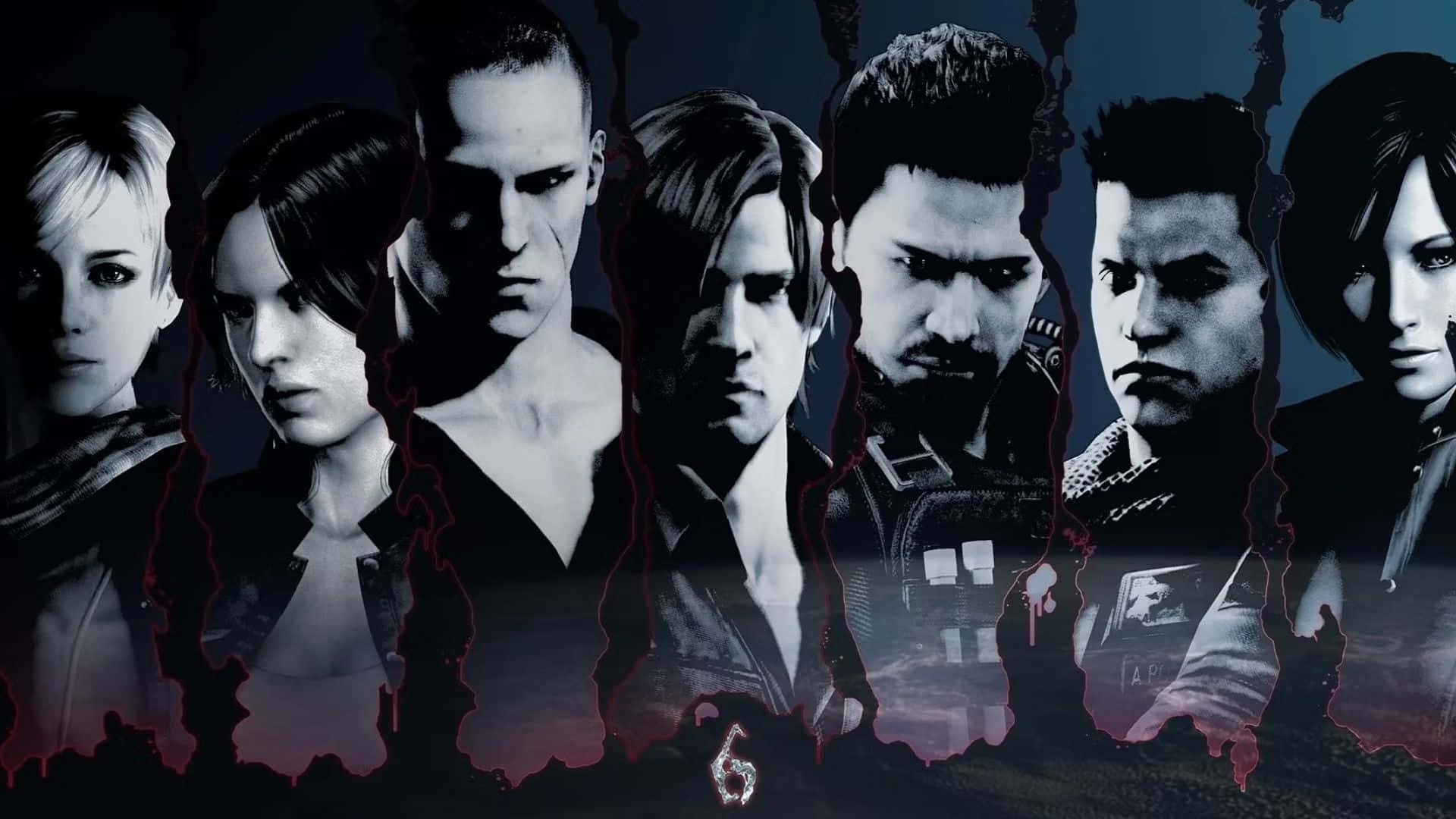 Resident Evil Characters 桌布 壁紙 — 來自《惡靈古堡6》的七個強烈角色站在黑暗的隊列中，帶有紅色血滴狀物體和下方發光的數字六。