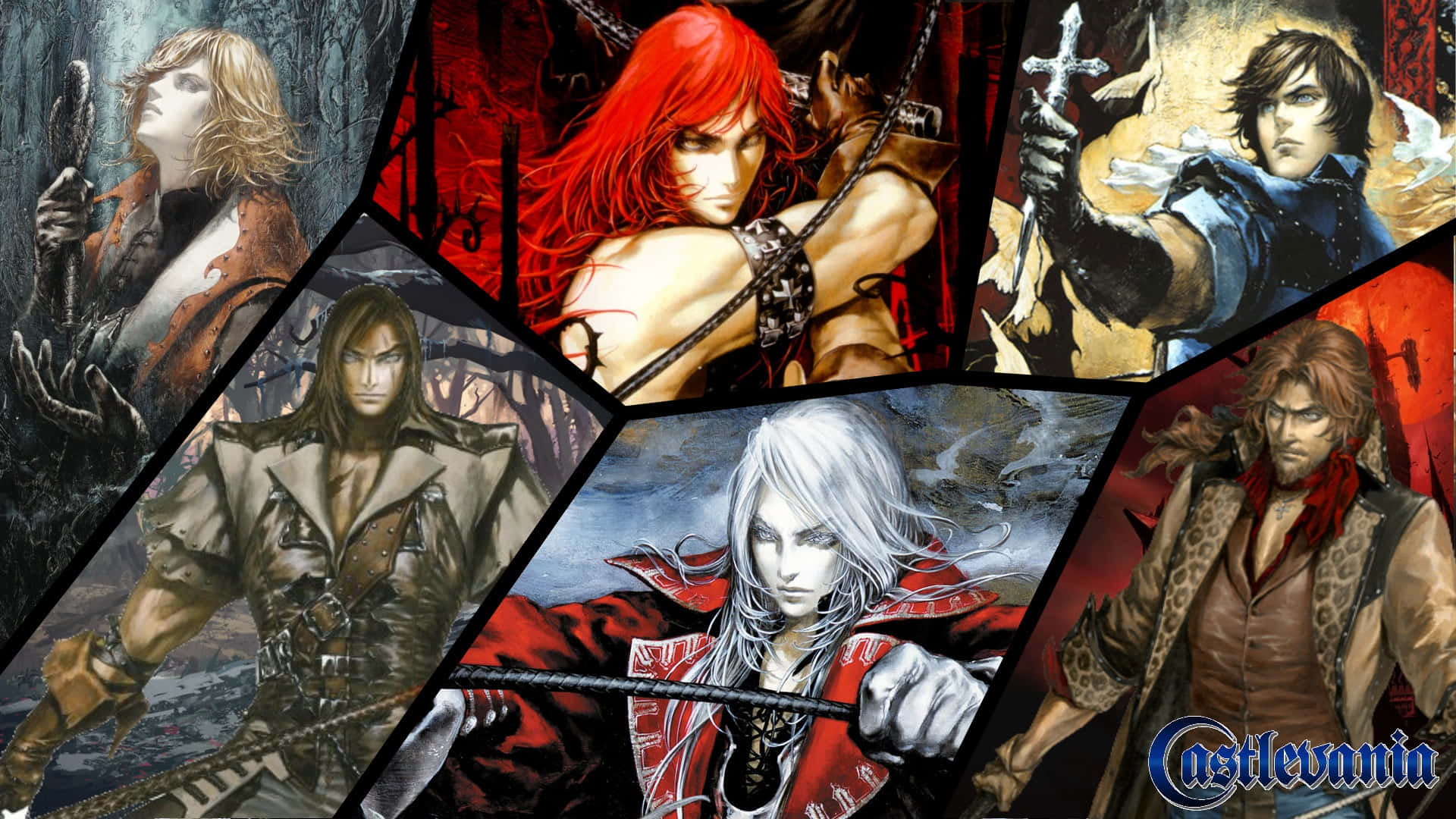 Castlevania 桌布 壁紙 — 來自《惡魔城》的六位戲劇性動漫風格戰士的拼貼畫，每位都有獨特的姿勢和色調。