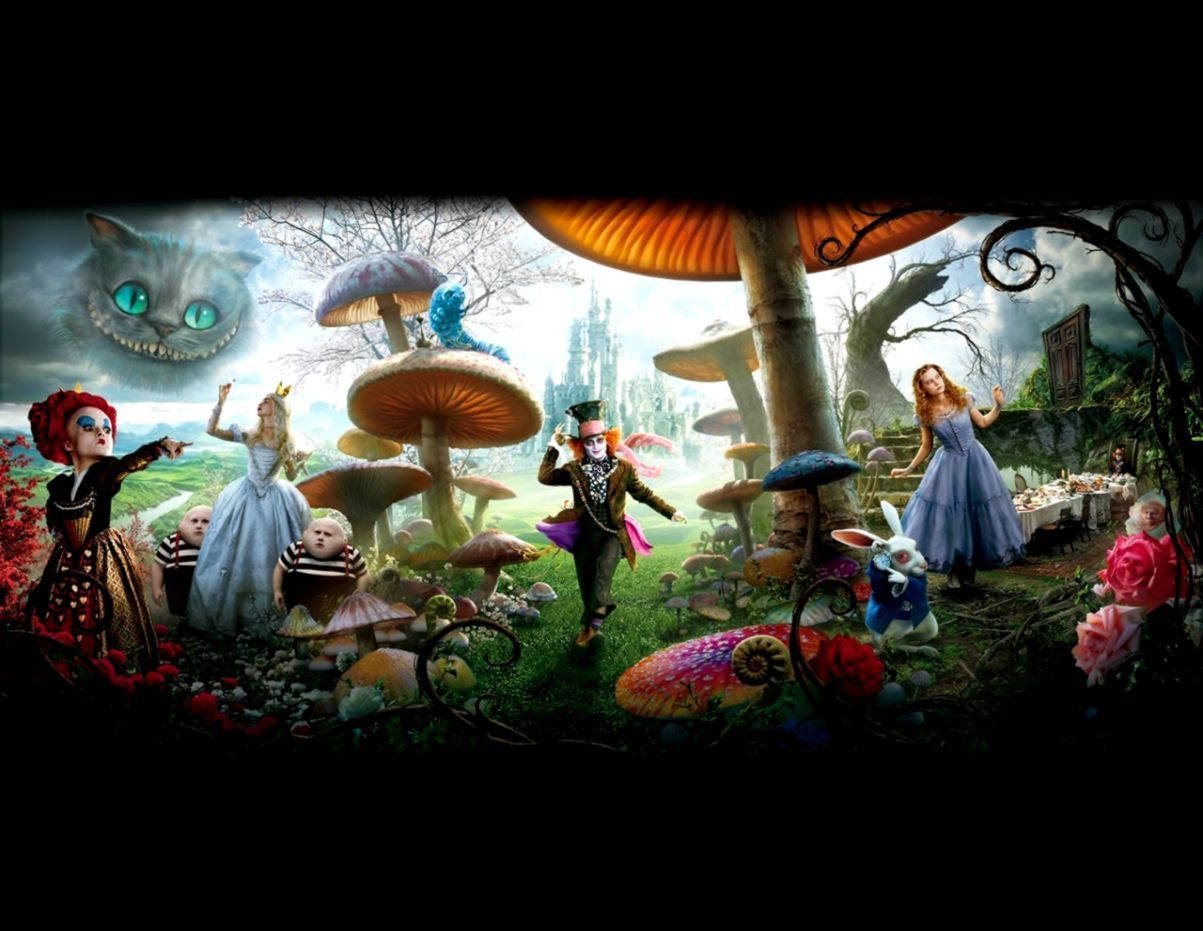wonderland 桌布 壁紙 — 來自《愛麗絲夢遊仙境》的奇幻場景，有巨型蘑菇、咧嘴笑的柴郡貓，以及超現實花園中的古怪角色。