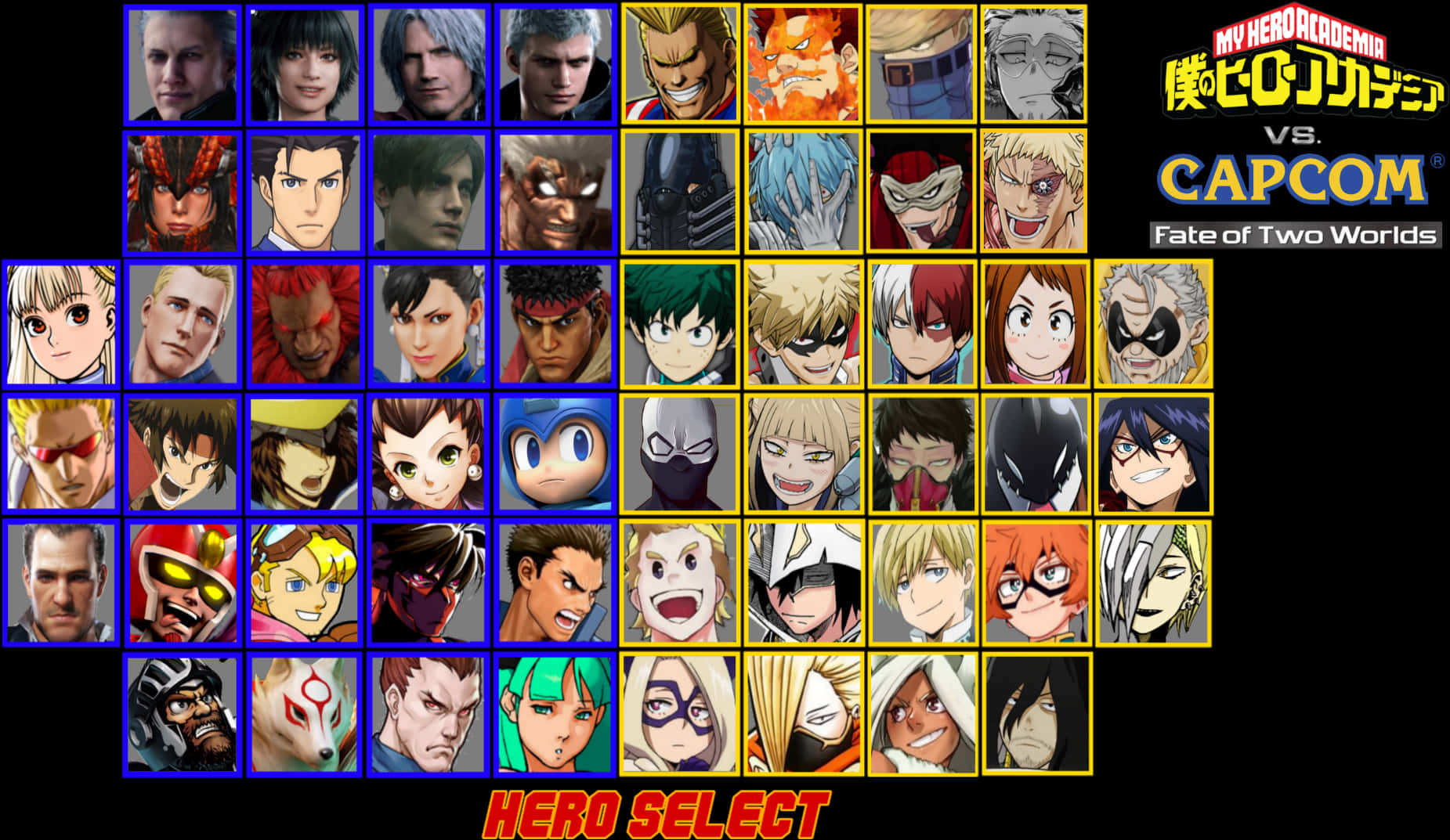 My Hero Academia Anime 桌布 壁紙 — 來自《我的英雄學院 vs Capcom》的動漫角色網格，帶有鮮明多彩的肖像和遊戲標題文字。