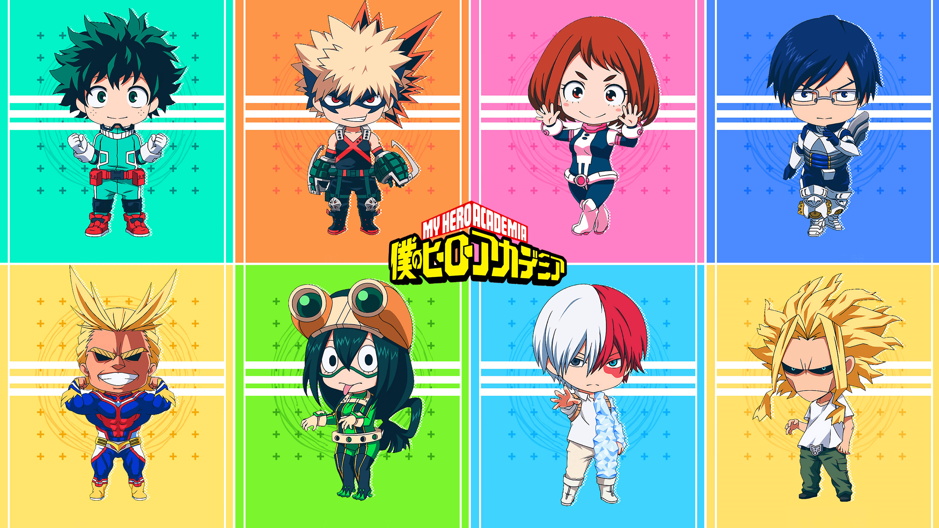 Uraraka 桌布 壁紙 — 來自《我的英雄學院》的Q版動畫角色站在色彩繽紛的版面中，每個都有獨特的姿勢和鮮豔的背景。