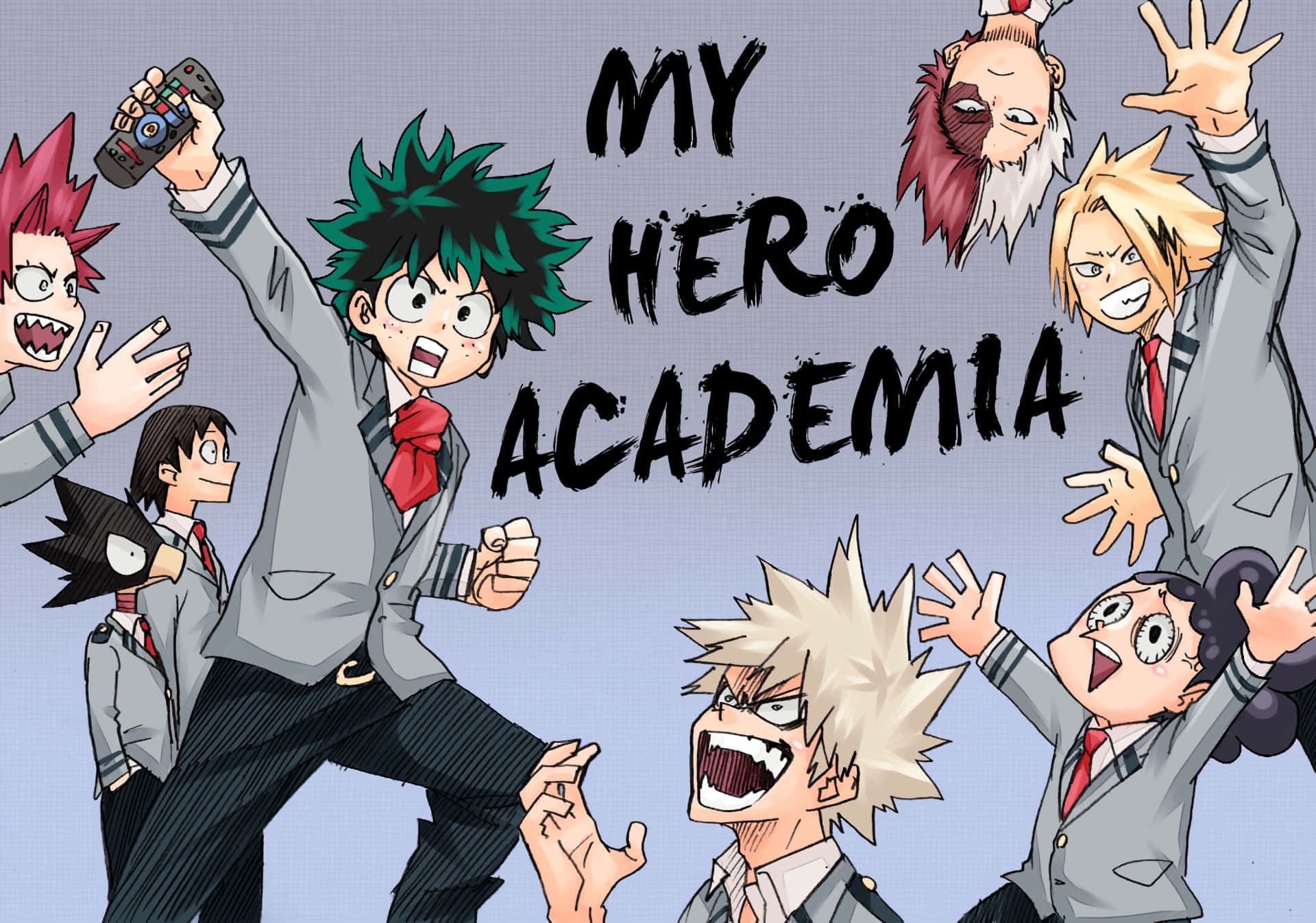 Cute My Hero Academia 桌布 壁紙 — 來自《我的英雄學院》的充滿活力的動漫角色，穿著校服在純色背景前愉快地擺姿勢。