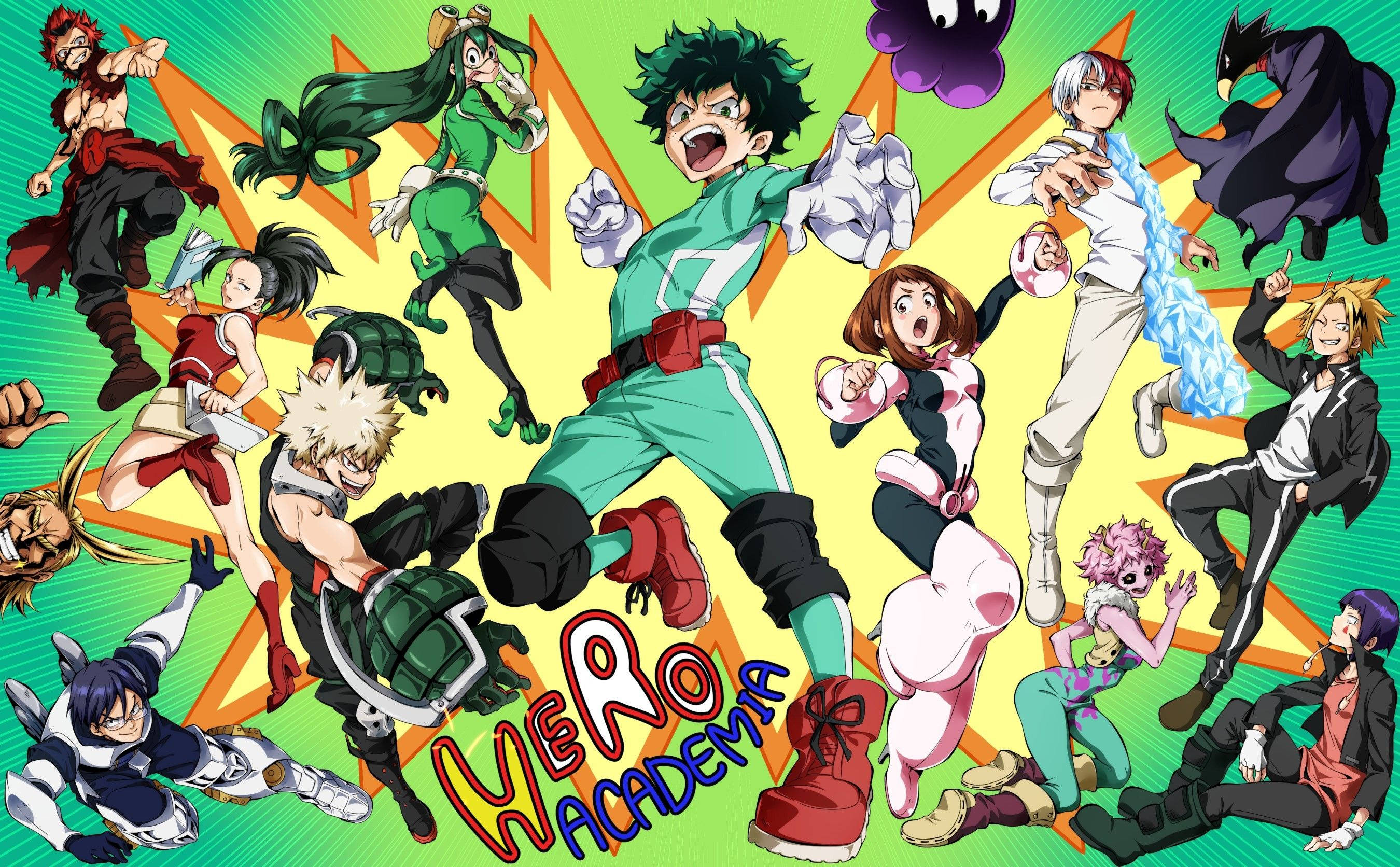 Bnha 桌布 壁紙 — 來自《我的英雄學院》的動態動漫英雄，在充滿活力的綠色和黃色星爆背景下迸發能量。