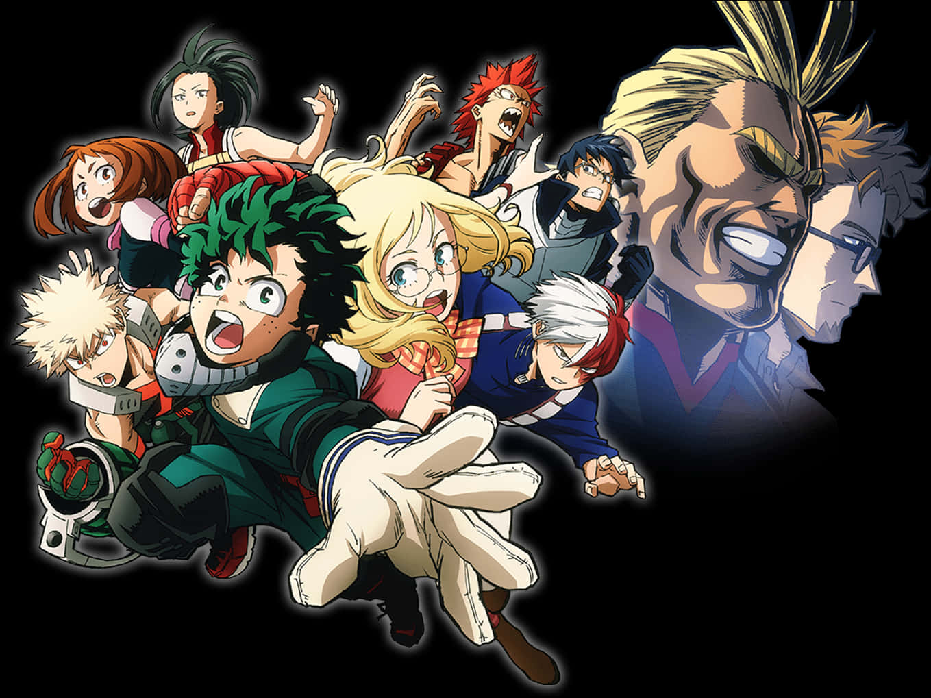 My Hero Academia Anime 桌布 壁紙 — 來自《我的英雄學院》的動態動漫角色，在純黑背景下以強烈表情向前衝刺。