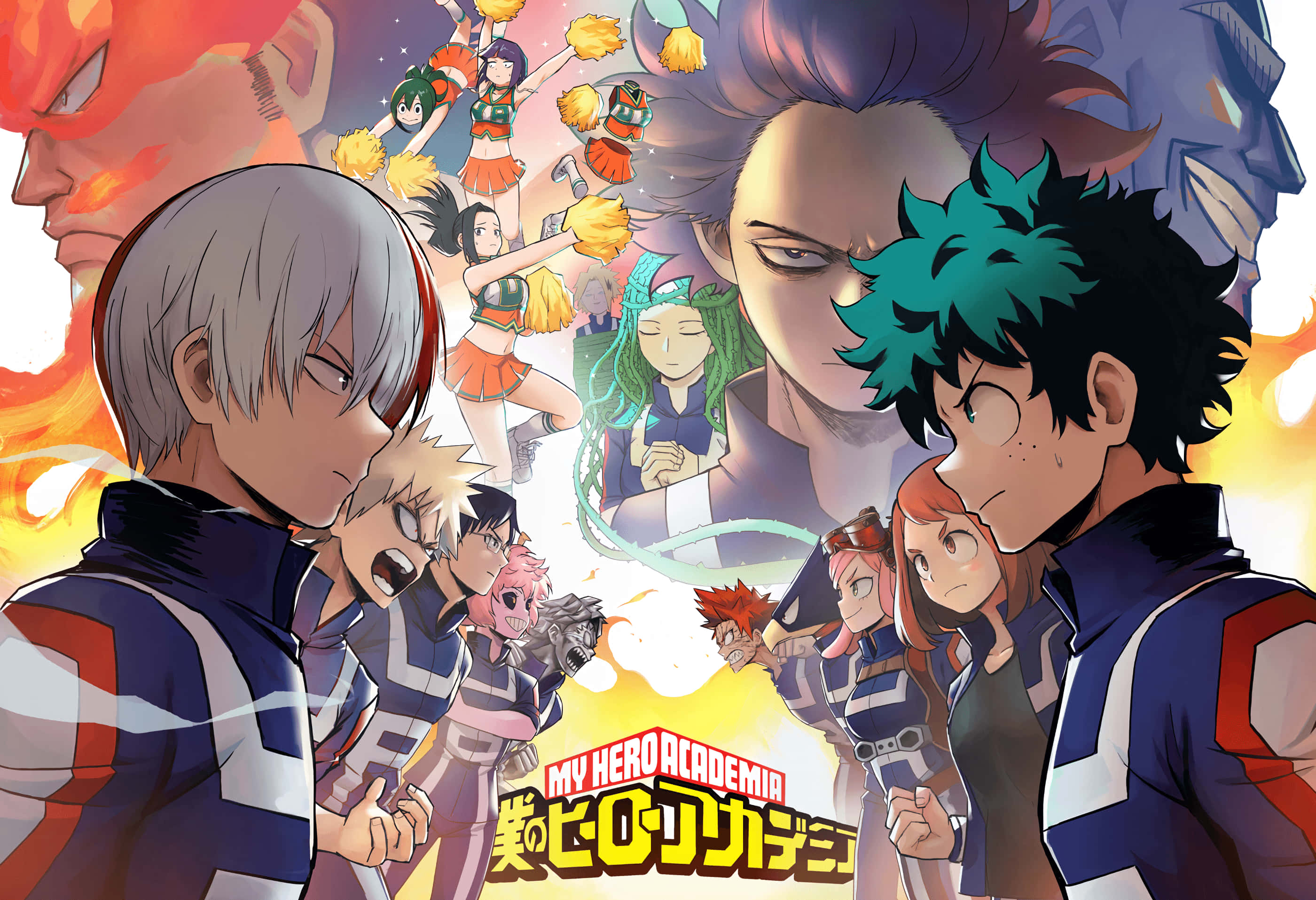 My Hero Academia Anime 桌布 壁紙 — 來自《我的英雄學院》的動態動漫角色，在熾熱的背景前英勇站立，伴隨著歡呼的啦啦隊員和強烈的表情。