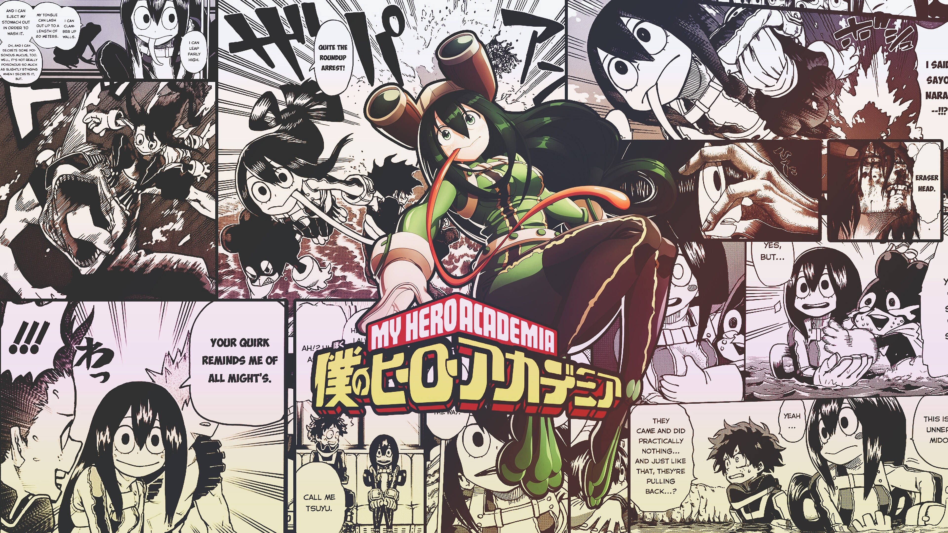Froppy 桌布 壁紙 — 來自《我的英雄學院》的動態漫畫分鏡，以大膽線條和富有表現力的面孔展示角色動作。