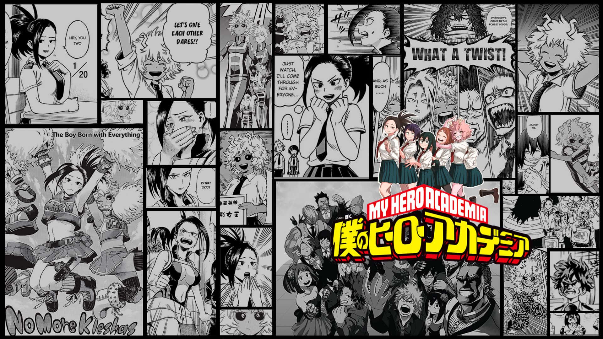 Manga Pages 桌布 壁紙 — 來自《我的英雄學院》的動態黑白漫畫面板拼貼，展現強烈的表情和動作場景。