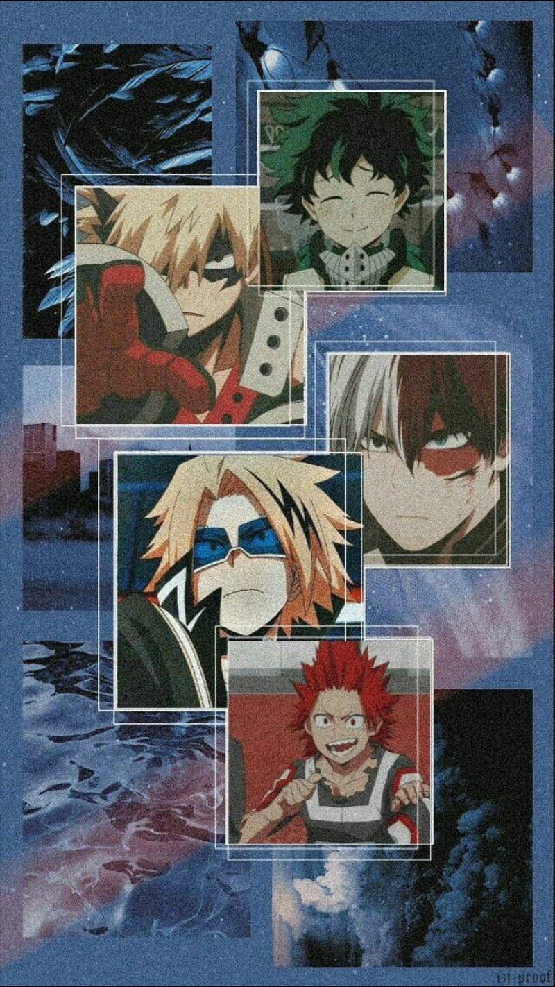 Deku X Todoroki X Bakugou 桌布 壁紙 — 來自《我的英雄學院》的動漫角色拼貼畫，背景是宇宙夜空，帶有浮動面板。