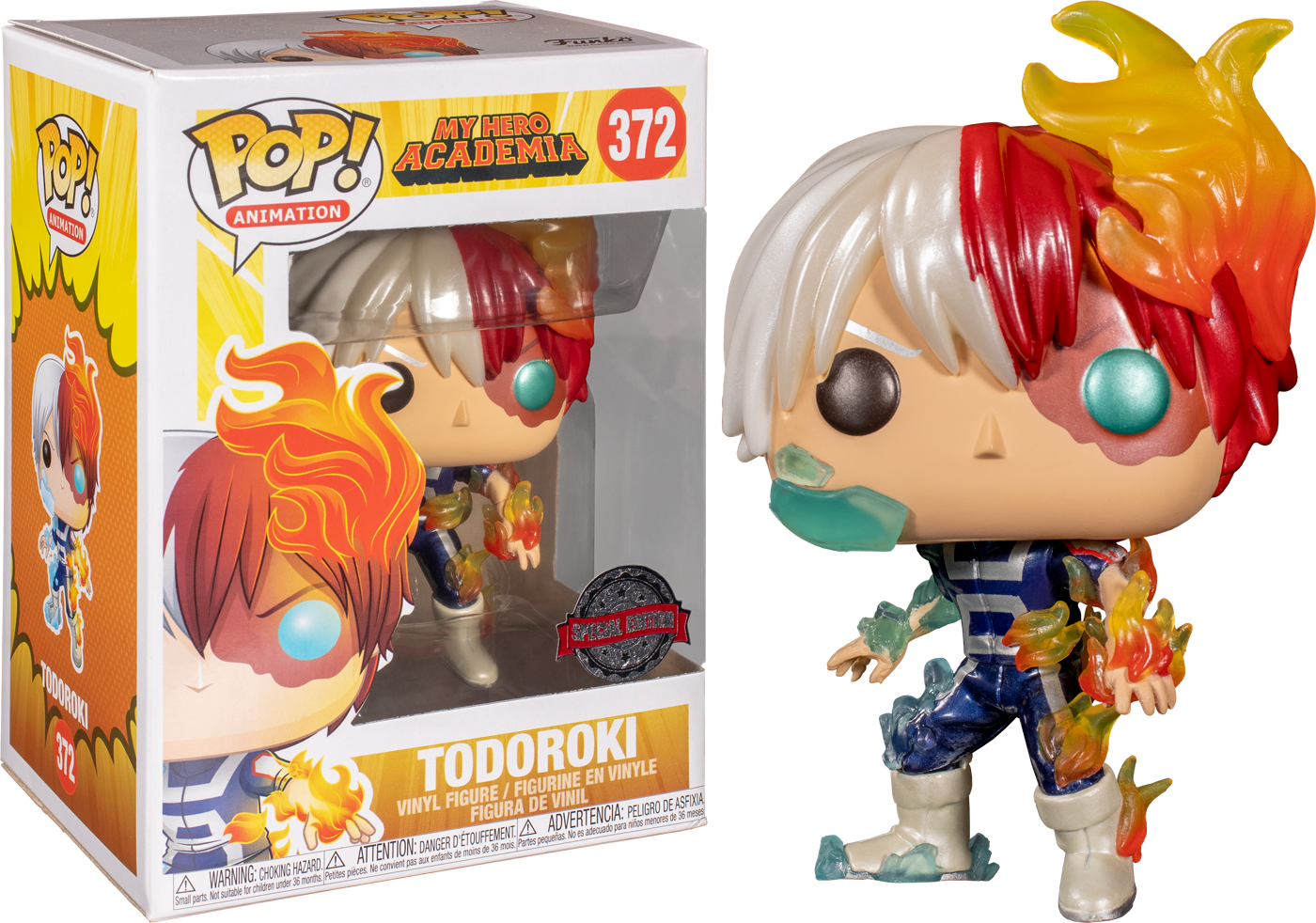 轟焦凍 桌布 壁紙 — 來自《我的英雄學院》的轟焦凍 Funko Pop! 乙烯基人偶，旁邊有火焰和冰效果及收藏盒。