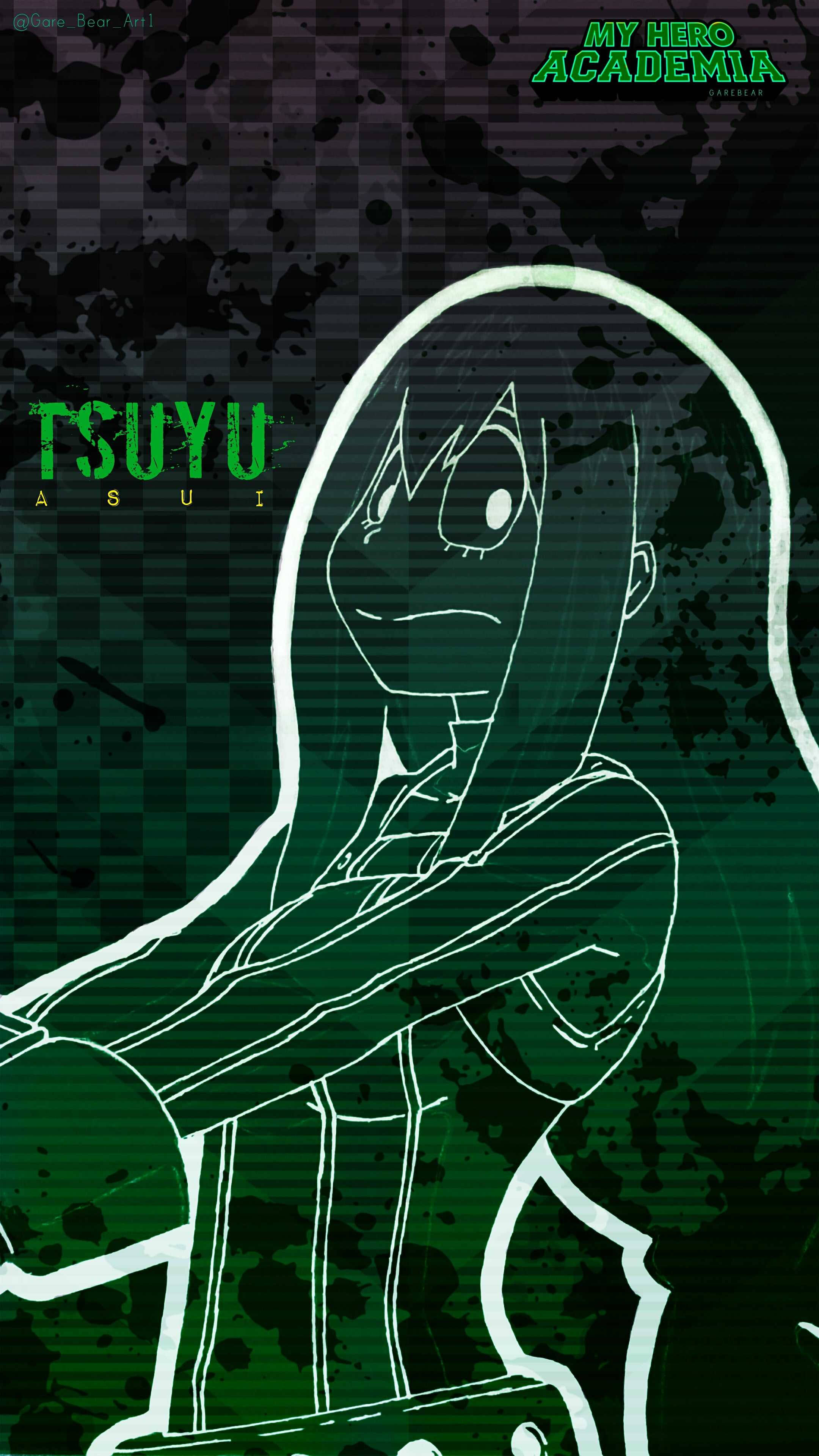 Froppy 桌布 壁紙 — 來自《我的英雄學院》的風格化動漫角色蛙吹梅雨，以白色輪廓繪製在深綠色濺墨背景上。