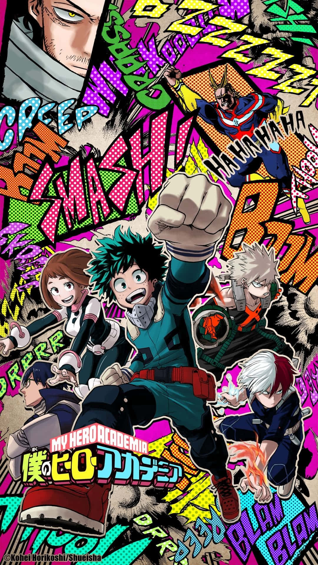 My Hero Academia Aesthetic 桌布 壁紙 — 來自《我的英雄學院》的鮮豔動漫角色，在充滿大膽音效的混亂漫畫風格背景前，迸發出能量。