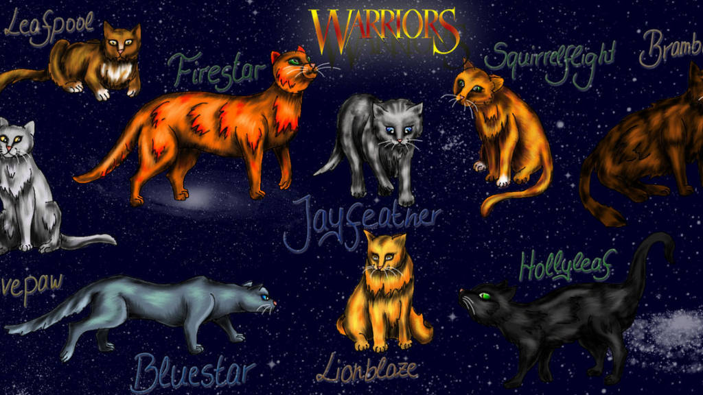 Warrior Cats 桌布 壁紙 — 來自《戰士》系列的九隻插畫貓在星空夜空中漂浮，每隻都標有名字。