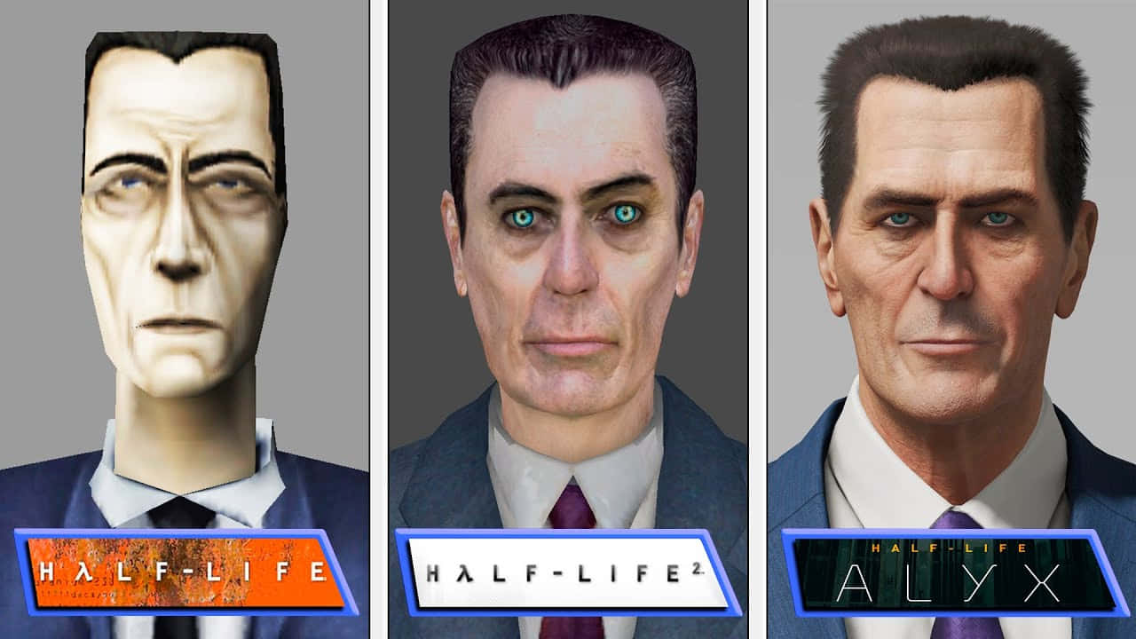 Half-life Characters 桌布 壁紙 — 來自《戰慄時空》遊戲的同一個男性角色的三個版本排成一排，每個肖像下方有遊戲標題。
