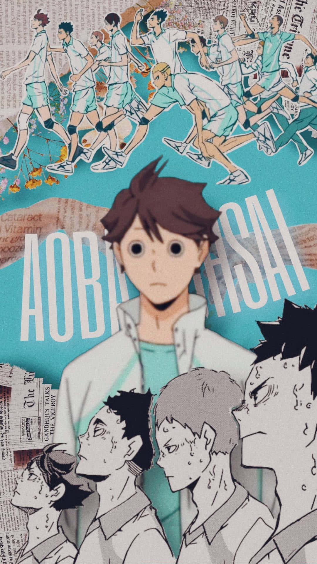 Aoba Johsai 桌布 壁紙 — 來自《排球少年！！》的動畫角色在報紙拼貼背景上動態奔跑，並配有粗體文字。