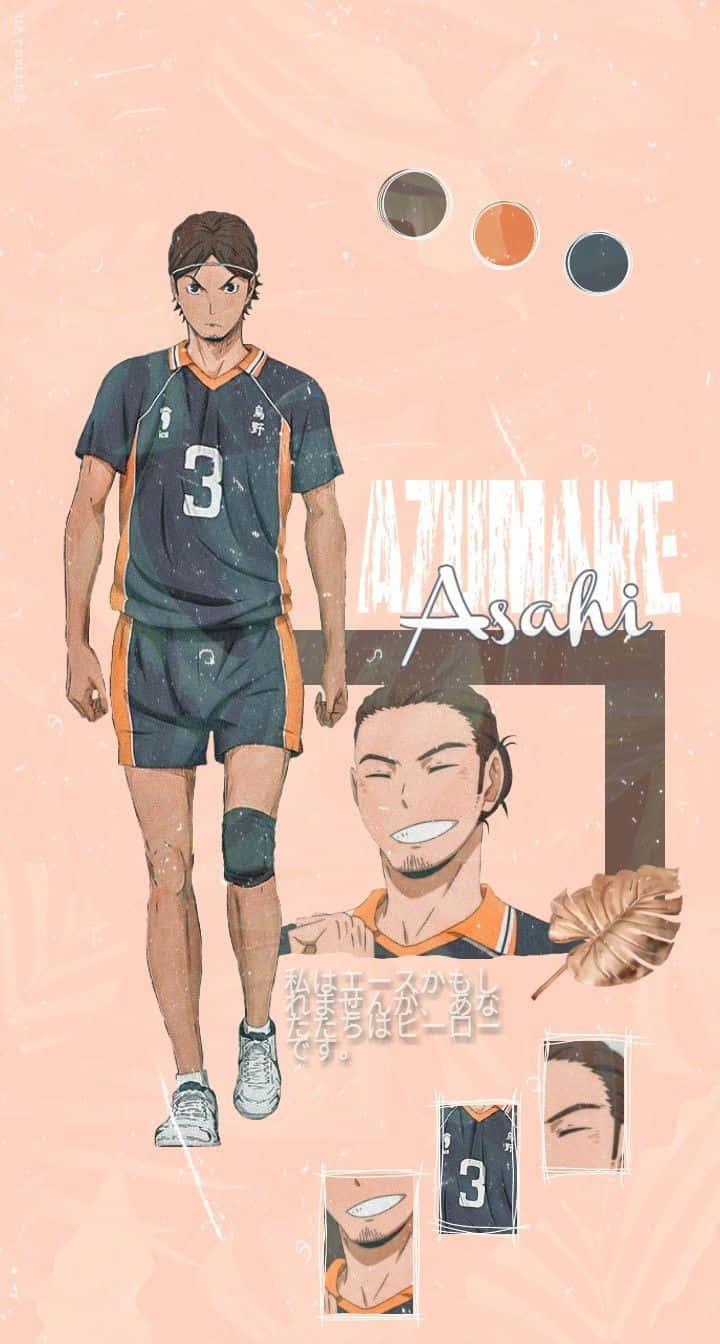 Asahi Azumane 桌布 壁紙 — 來自《排球少年！！》的動畫角色旭身穿3號球衣，站在柔和粉紅色背景前，配有顏色樣本和面部面板。