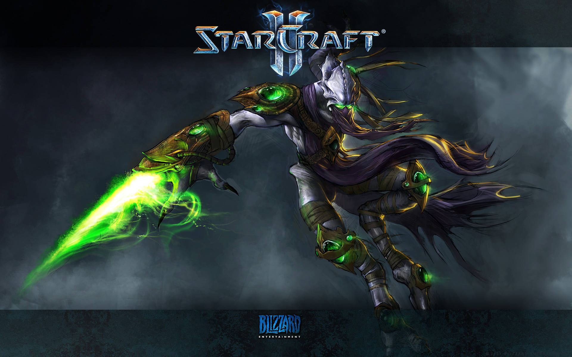 Starcraft 2 桌布 壁紙 — 來自《星海爭霸II》的異化蟲，在黑暗暴風雲中手持發光的綠色能量刀鋒向前躍進。