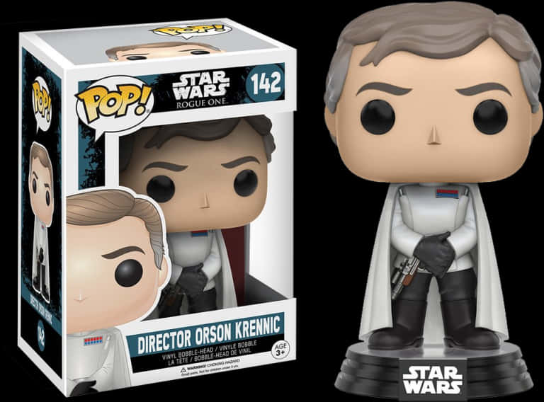 Toy 桌布 壁紙 — 來自《星際大戰：俠盜一號》的奧森·克倫尼克局長Funko Pop! 軟膠公仔，旁邊是其收藏盒，背景為黑色。