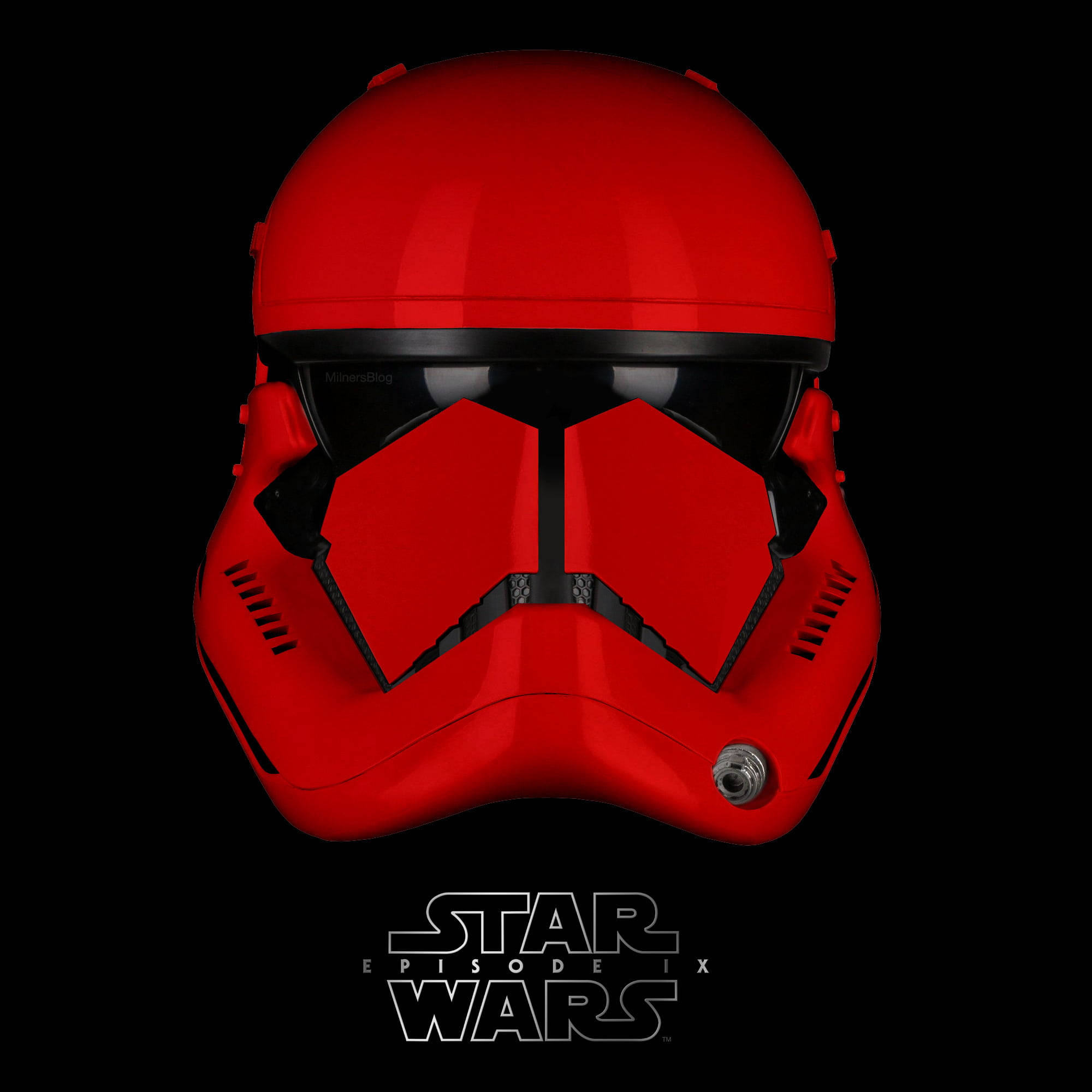 Star Wars Red 桌布 壁紙 — 來自《星際大戰：天行者的崛起》的亮面紅色風暴兵頭盔，置於黑色背景中央，下方有電影標題。