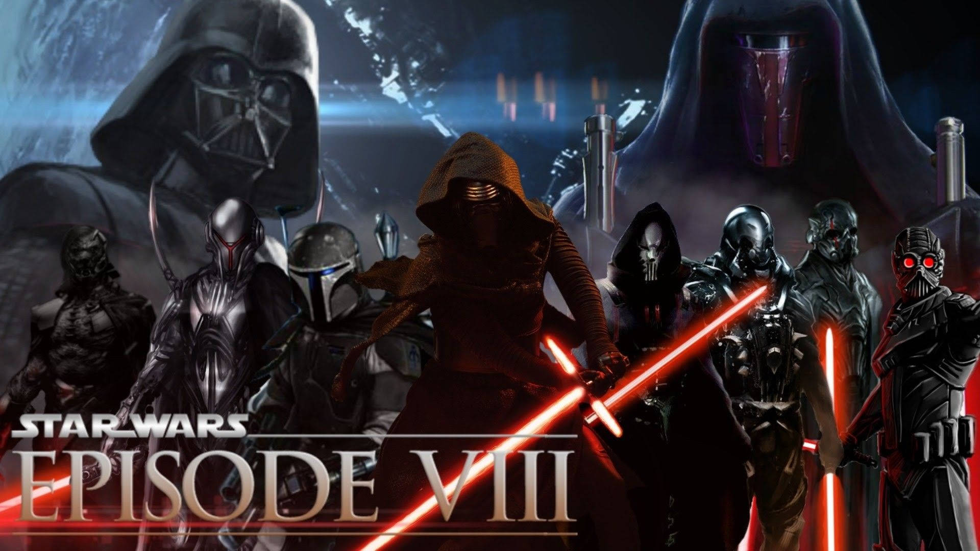 Revan 桌布 壁紙 — 來自《星際大戰：最後的絕地武士》的黑暗面戰士，手持紅色光劍，在星空背景下威風凜凜地站立。